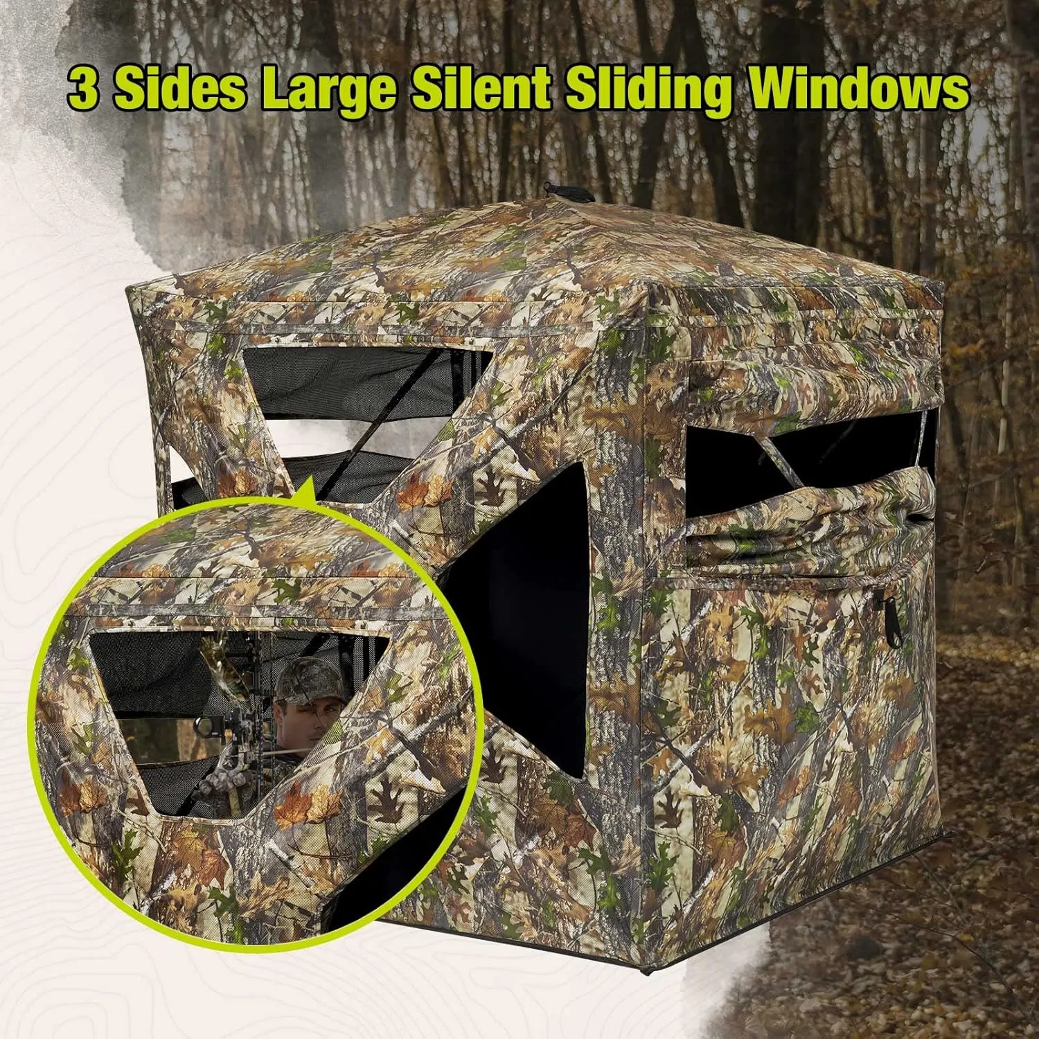 TIDEWE See Through Blind 270°with Silent Magnetic Door & Sliding Windows, 2-3 Person Pop Up Ground Blind with Carrying Bag, 300D Portable Resilient Tent(Camouflage & Veil Rush)