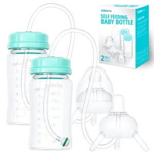 TidyFriend Self Feeding Baby Bottle 8oz Bottle Holder for Baby - 2 Pack Baby Bottle with Straw, Anti Colic, for Convenient Feeding (Green)