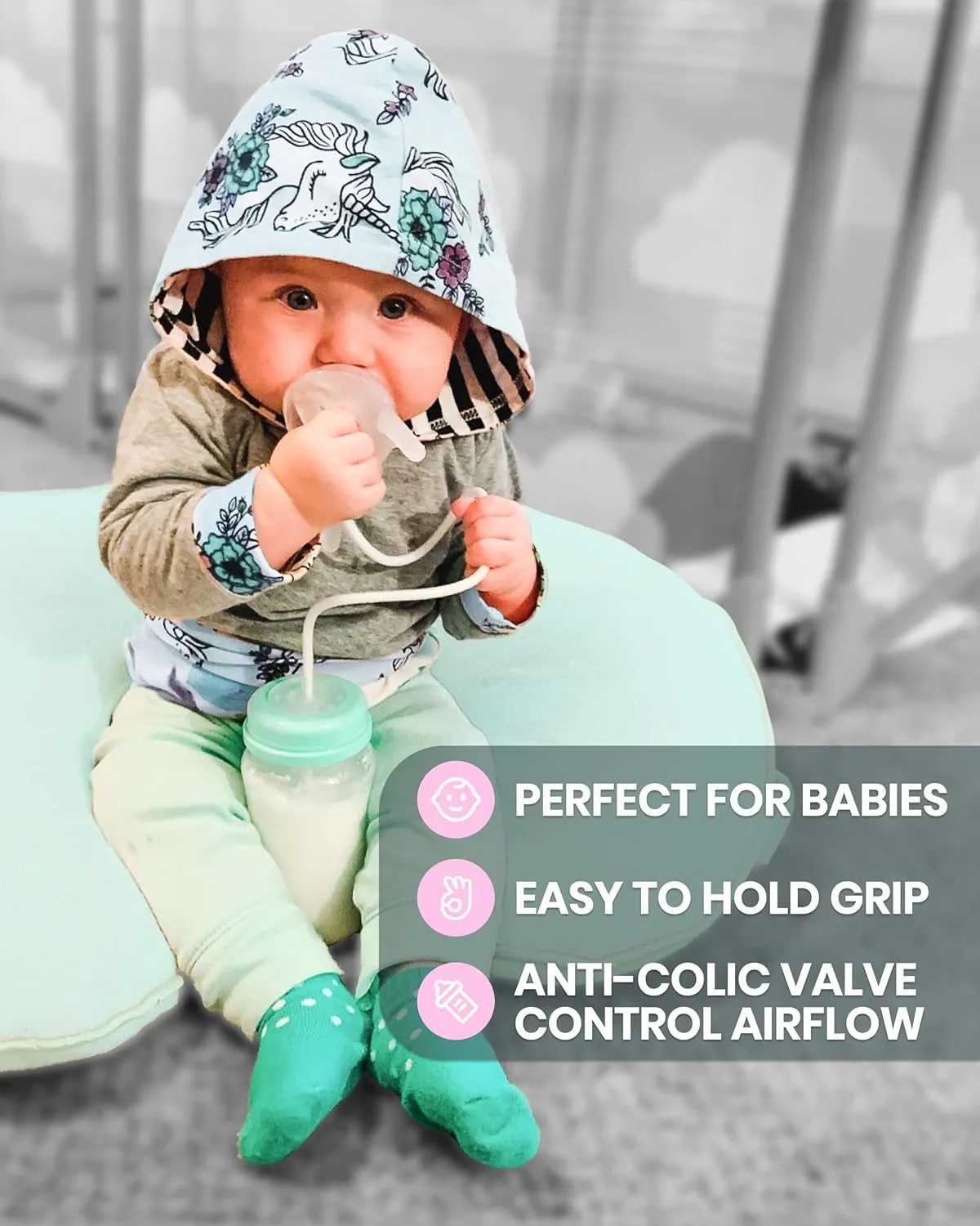 TidyFriend Self Feeding Baby Bottle 8oz Bottle Holder for Baby - 2 Pack Baby Bottle with Straw, Anti Colic, for Convenient Feeding (Green)