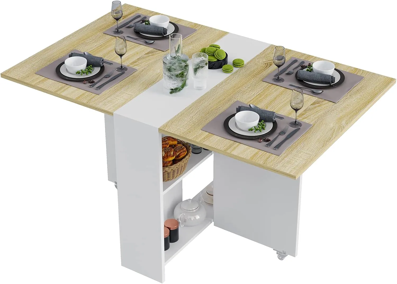 Tiptiper Folding Dining Table, Versatile Dinner Table with 6 Wheels and 2 Storage Racks, Space Saving Dining Room Table, Folding Kitchen Table, Pear Wood Color and White