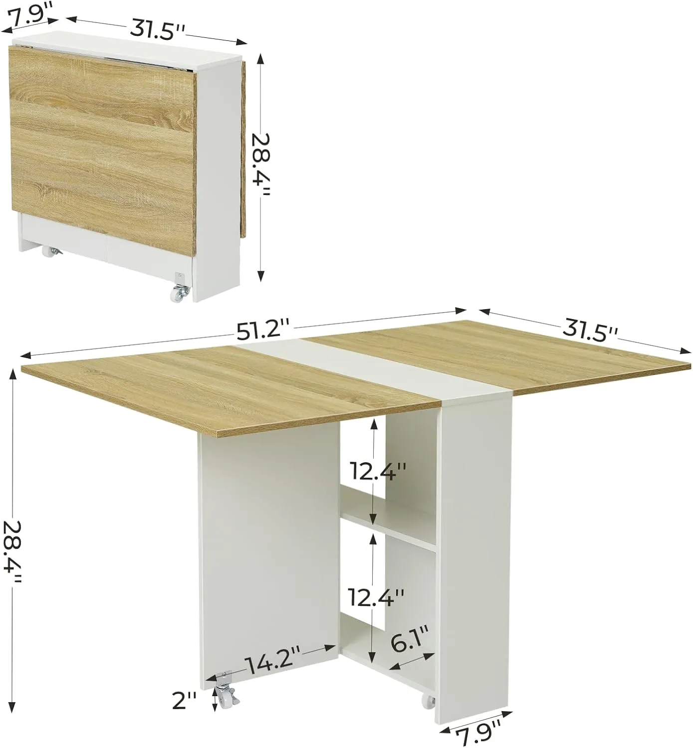 Tiptiper Folding Dining Table, Versatile Dinner Table with 6 Wheels and 2 Storage Racks, Space Saving Dining Room Table, Folding Kitchen Table, Pear Wood Color and White