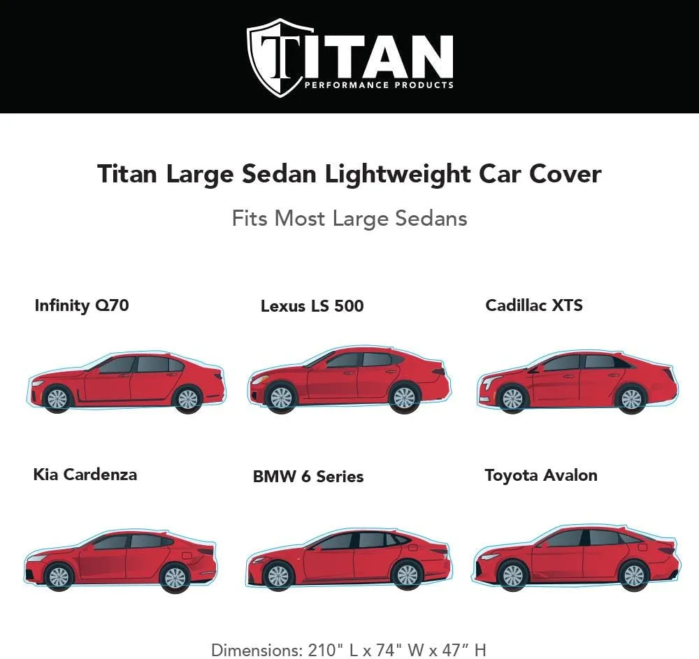 Titan Jet Black Poly 210T Car Cover for Large Sedans 203-212". Waterproof, UV Protection, Scratch Resistant, Driver-Side Zippered Opening. Fits Avalon, XTS, 6-8 and More.