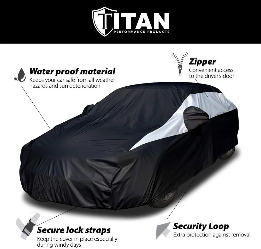 Titan Jet Black Poly 210T Car Cover for Large Sedans 203-212". Waterproof, UV Protection, Scratch Resistant, Driver-Side Zippered Opening. Fits Avalon, XTS, 6-8 and More.