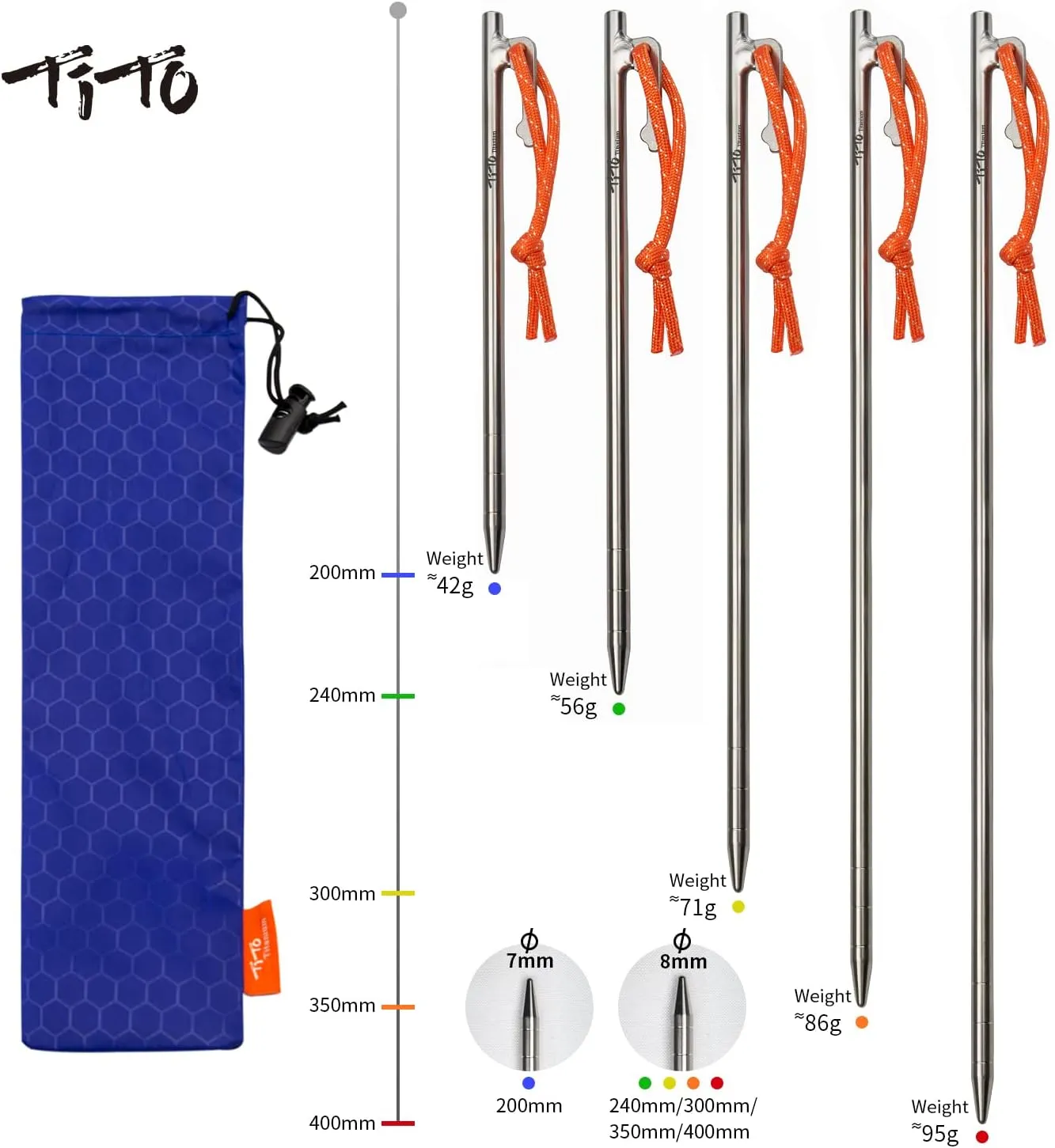 TiTo Titanium Tent Pegs Stakes Lightweight Snowfield Grassland Heavy Duty Tent Nails for Outdoor Camping Hiking and Plant Support Garden Stakes 4pcs/6pcs (8×240mm-6pcs)