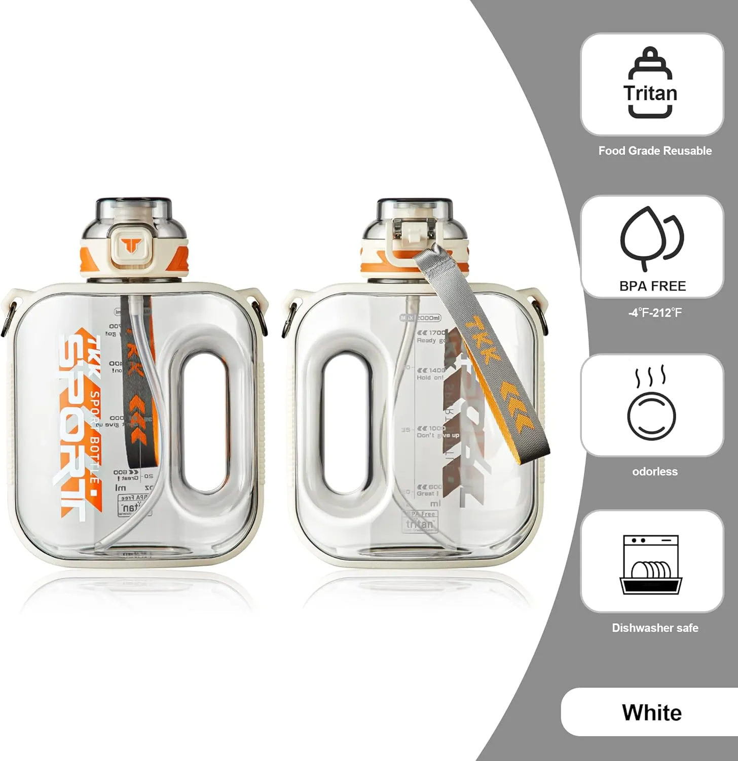 TKK Half Gallon Water Bottle Jug with Straw Large Capacity Plastic Water Bottle Dishwasher Safe 1/2 Gallon 50 Oz Water Bottle Jug BPA Free Tritan for Gym Yoga Travel Camping Outdoor