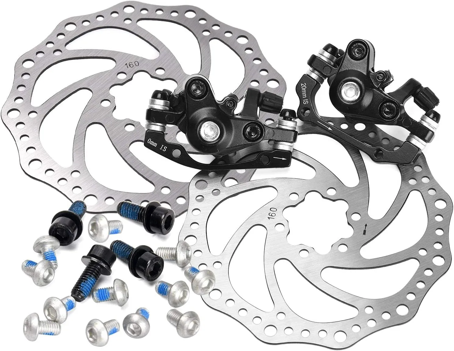 TOBWOLF 1 Pair MTB Front & Rear Cable Disc Brake Aluminum Alloy Caliper Post Mount, 2PCS 160mm Stainless Steel 6-Bolt Disc Rotors for Mountain Bike Road Bike Folding Bike BMX