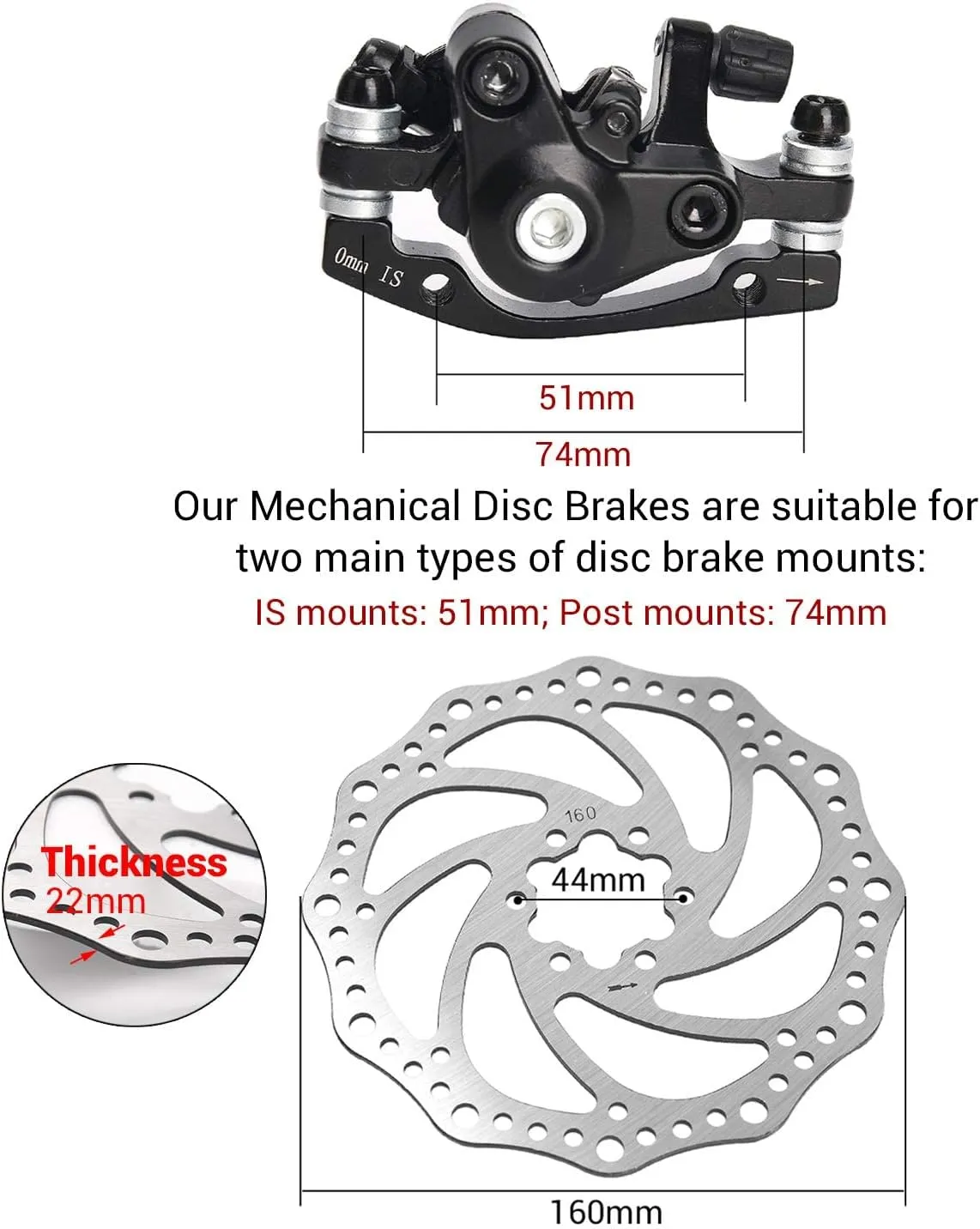 TOBWOLF 1 Pair MTB Front & Rear Cable Disc Brake Aluminum Alloy Caliper Post Mount, 2PCS 160mm Stainless Steel 6-Bolt Disc Rotors for Mountain Bike Road Bike Folding Bike BMX