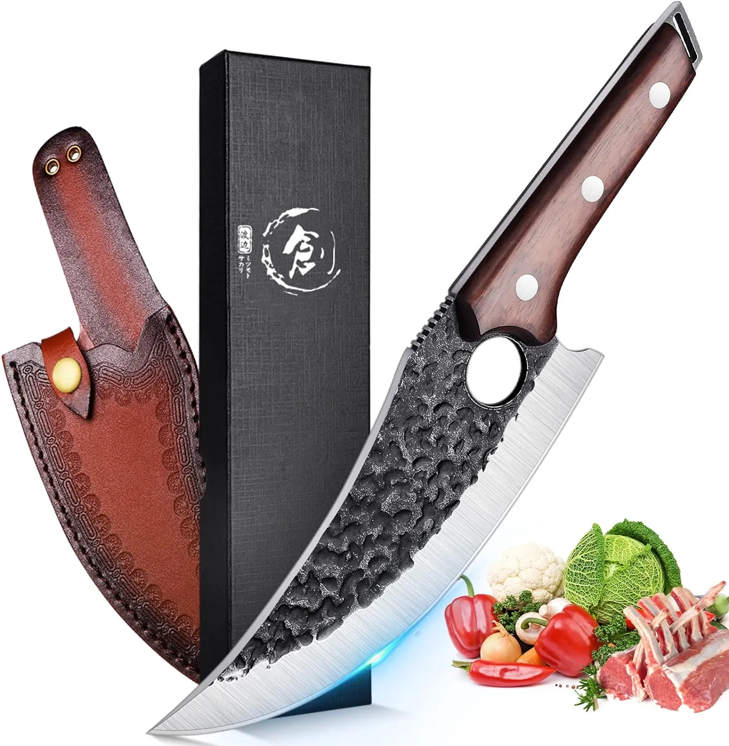 TOMBRO Huusk Knife Forged Viking Knives Sharp Boning knife, Handmade Caveman Knife, High Carbon Steel Butcher Knives with Sheath, Japanese Chef Knife for Kitchen, Camping