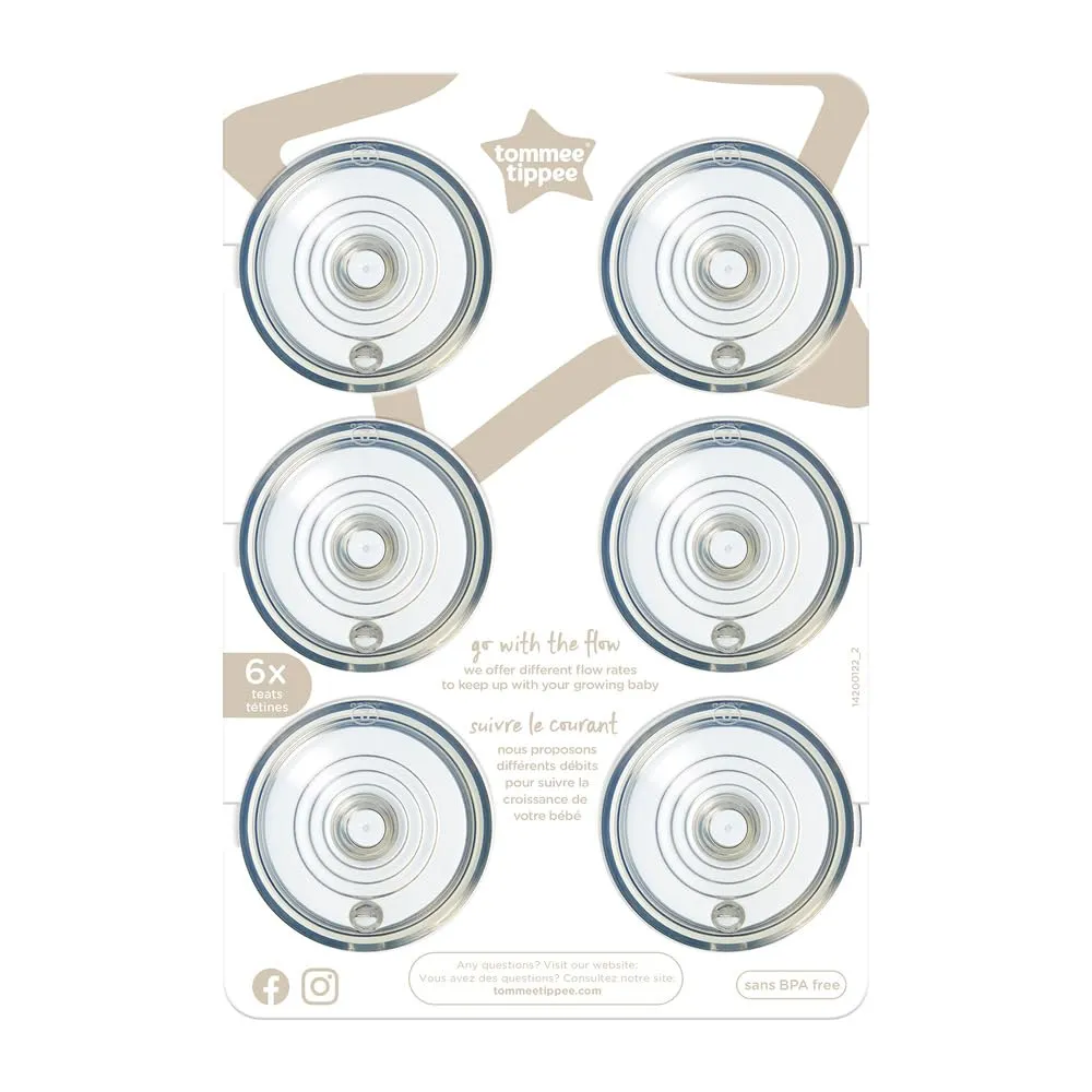 Tommee Tippee Closer to Nature Baby Bottle Nipples, Medium Flow Breast-like, Anti-Colic Valve, Soft Silicone (3m , 6 Count)