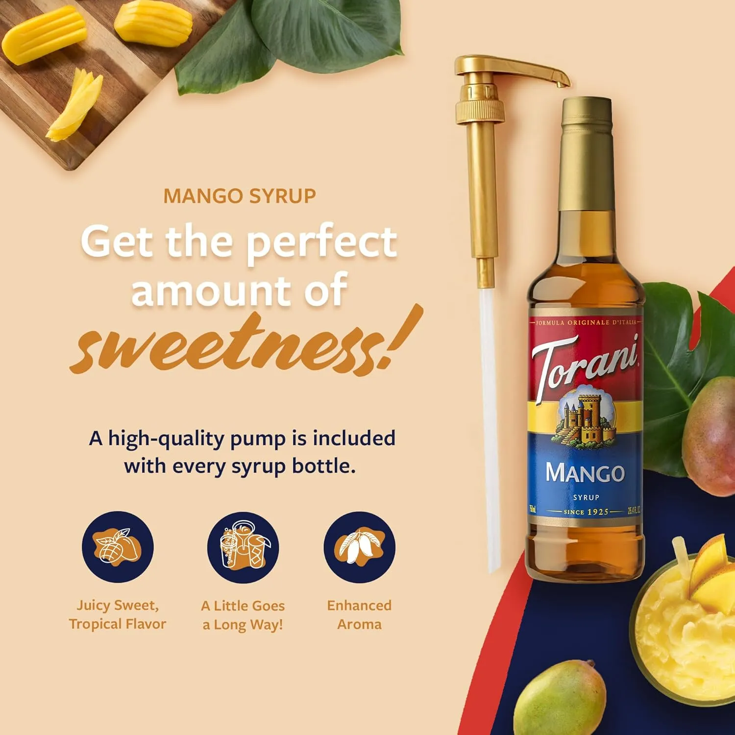 Torani Mango Syrup for Drinks, Flavoring for Iced Tea, Lemonade, and Sodas, Pump Included, 25.4 Oz