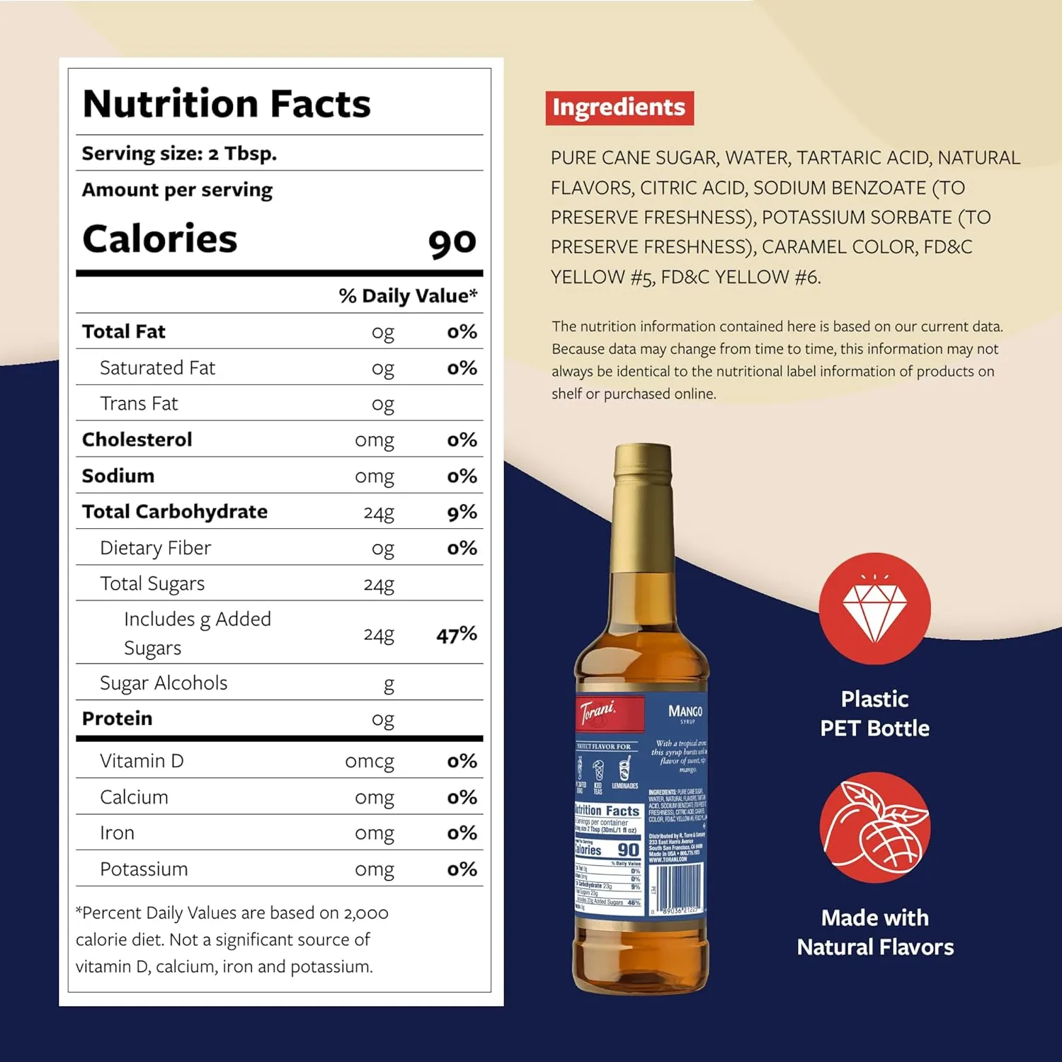 Torani Mango Syrup for Drinks, Flavoring for Iced Tea, Lemonade, and Sodas, Pump Included, 25.4 Oz