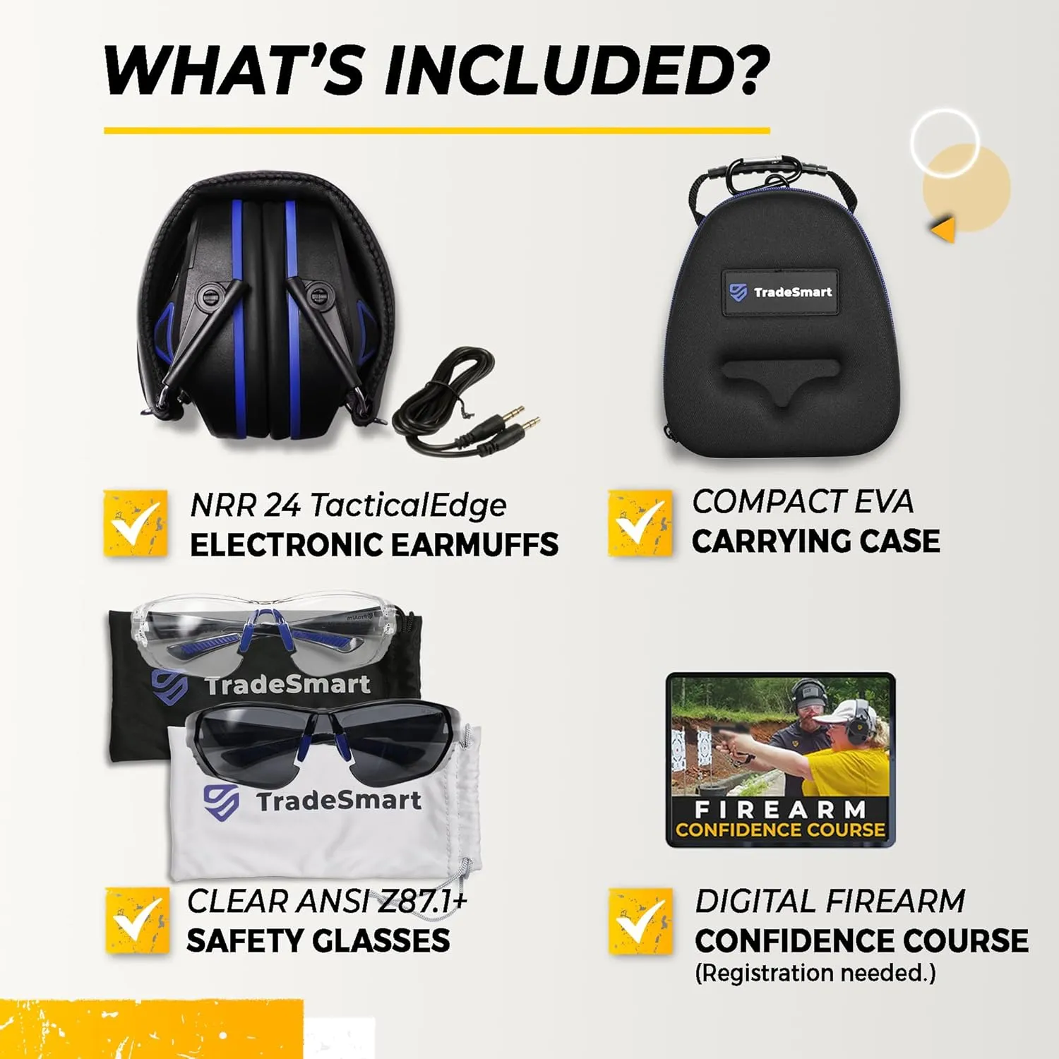 TradeSmart Complete Shooting Eye and Ear Protection: Electronic Earmuffs for Shooting, Range Glasses & Hard Carrying Case