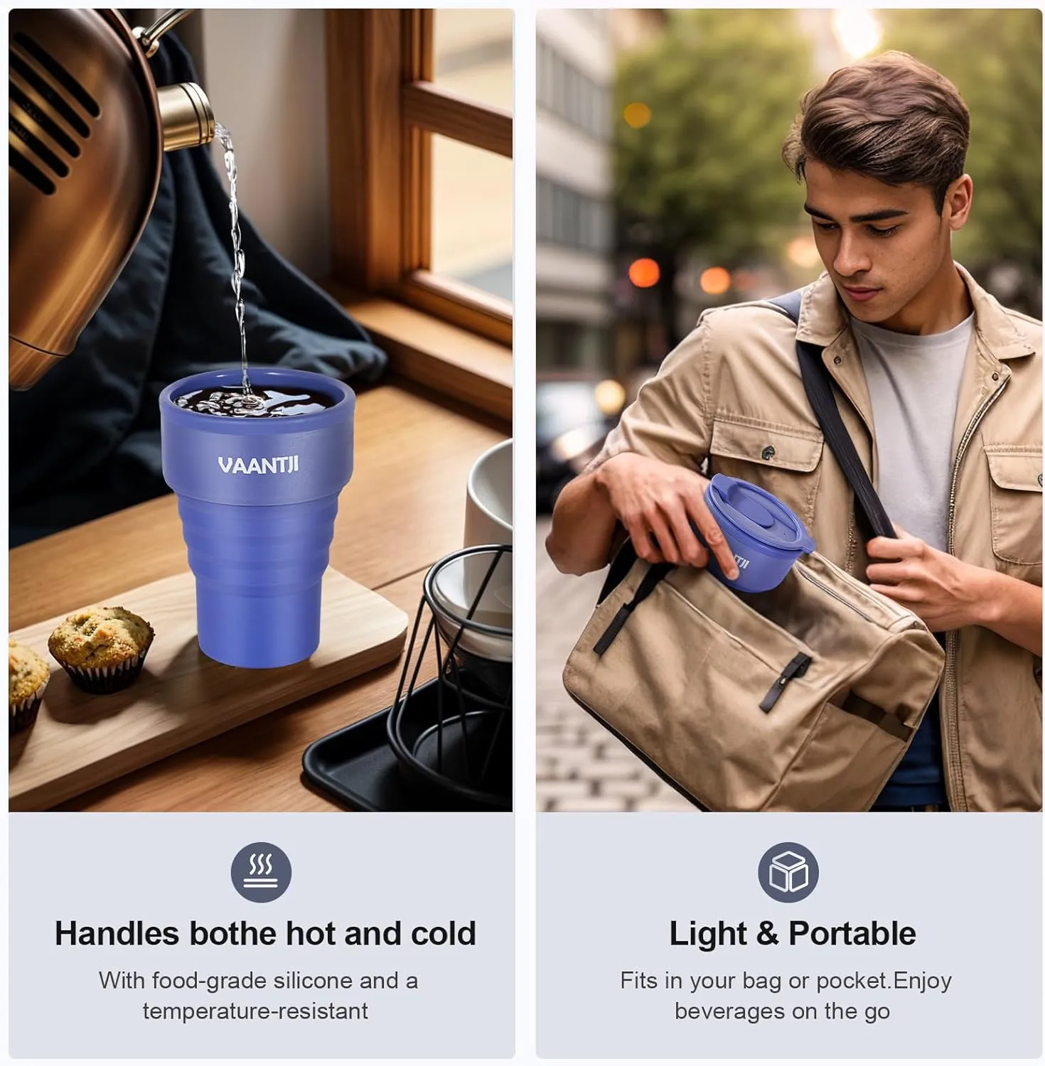 Travel Reusable Silicone Collapsible,13 oz/375 ml,Collapsible Travel Mug,Collapsible Cup for Hot and Cold Drinks(Oxford-blue)
