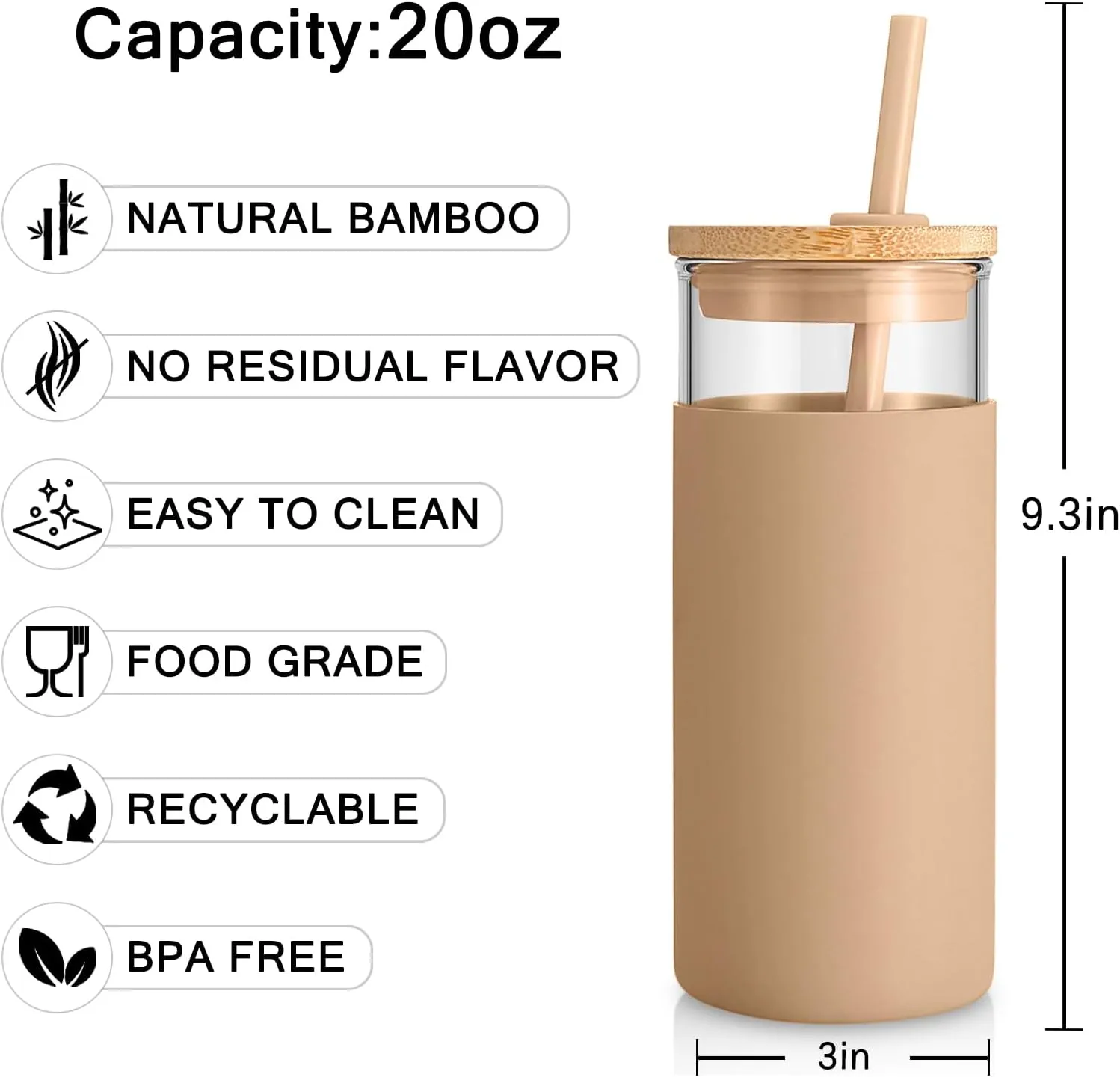 Tronco 20 oz Glass Tumbler Glass Water Bottle Straw Silicone Protective Sleeve Bamboo Lid - BPA Free (Black Amber /2pack)
