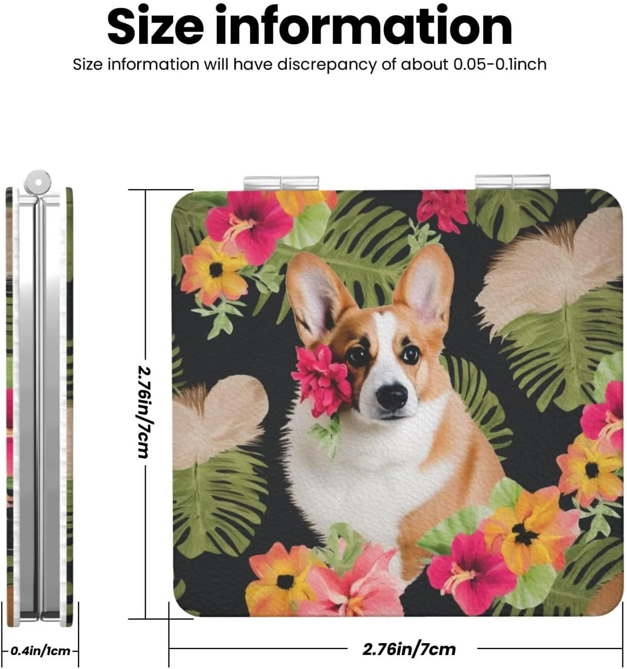 Tropical Flower and Corgi Printed Square Pocket Makeup Mirror with 1X/2X Magnification, Portable Mini Travel Makeup Mirror for Travel Daily Work Beauty