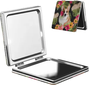 Tropical Flower and Corgi Printed Square Pocket Makeup Mirror with 1X/2X Magnification, Portable Mini Travel Makeup Mirror for Travel Daily Work Beauty