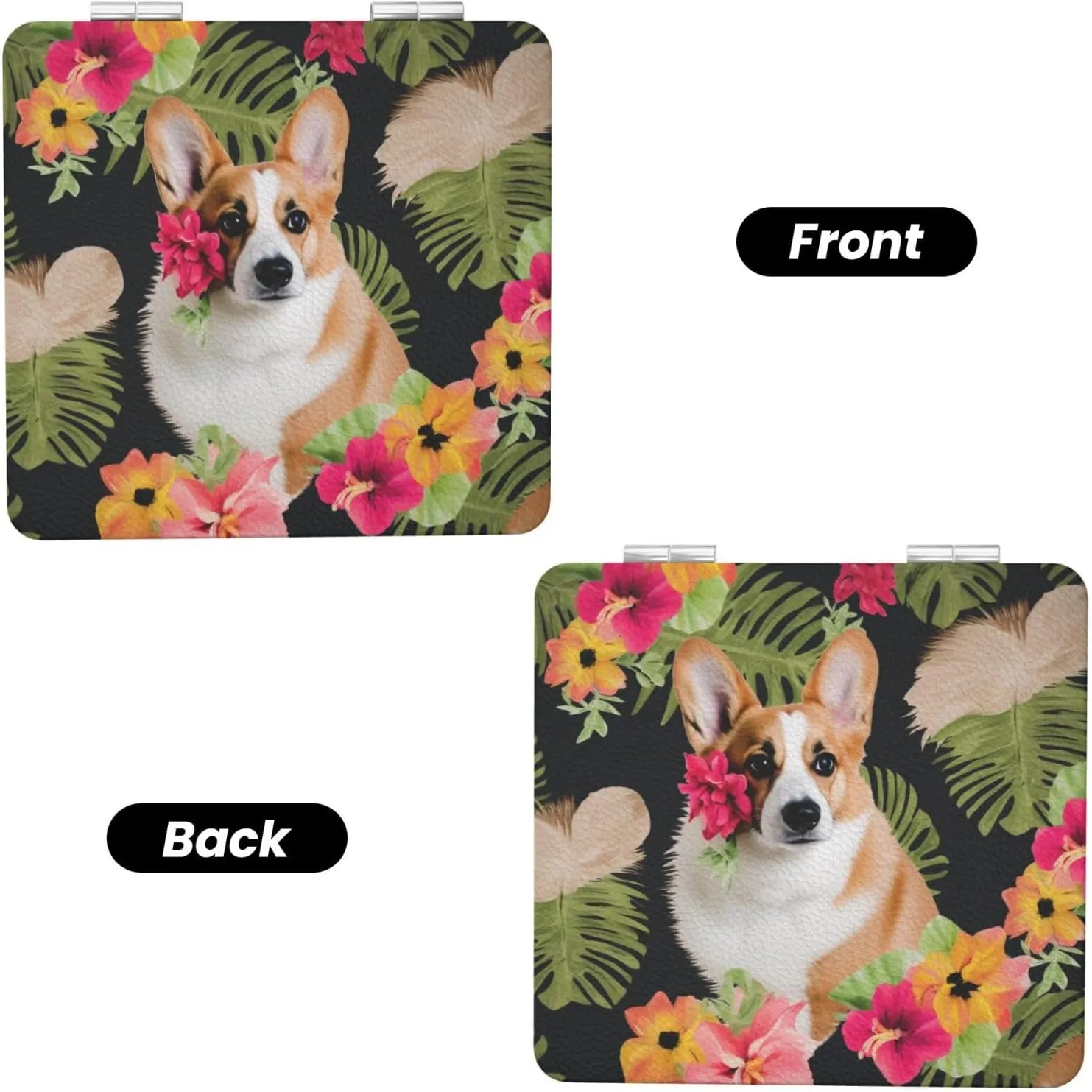 Tropical Flower and Corgi Printed Square Pocket Makeup Mirror with 1X/2X Magnification, Portable Mini Travel Makeup Mirror for Travel Daily Work Beauty