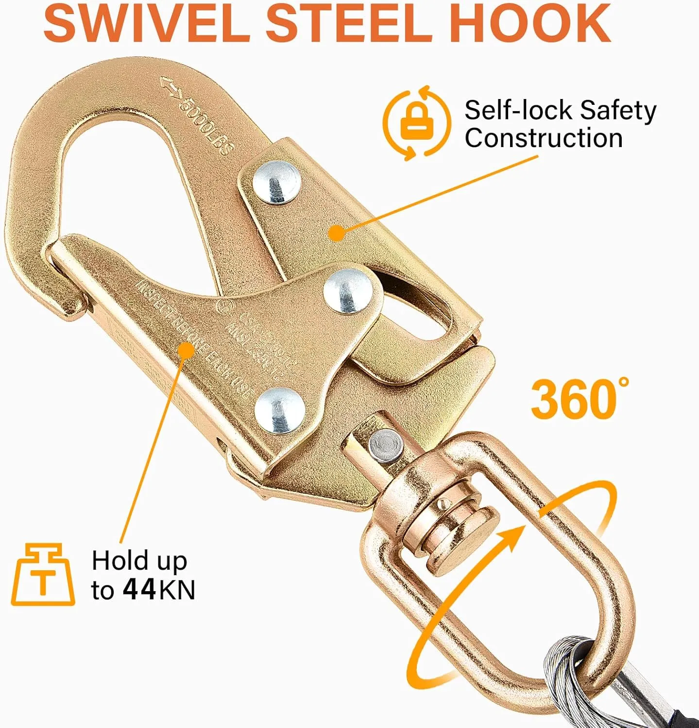 TRSMIMA Steel Wire Core Flipline - 12ft Fall Protection Arborist Climbing Tree Arborist 1/2" Galvanized Steel Cable Lanyard Kit with Swivel Snap Hook Triple Lock Carabiner Rope Grab Adjuster