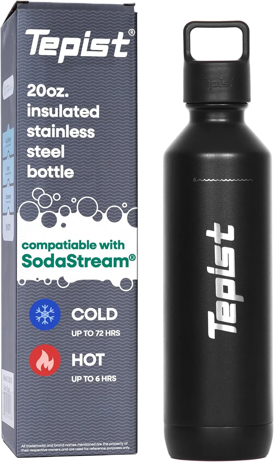 TwentyO 20oz Stainless Steel Bottle Compatible with Sodastream Machines | Powder Coated Black | Vacuum Sealed | Double Walled | Leak-Proof | Easy to Carry | Reusable Bottle