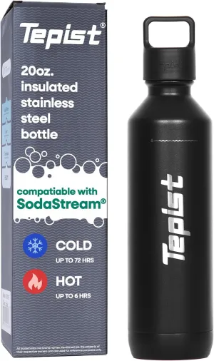 TwentyO 20oz Stainless Steel Bottle Compatible with Sodastream Machines | Powder Coated Black | Vacuum Sealed | Double Walled | Leak-Proof | Easy to Carry | Reusable Bottle
