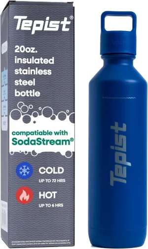 TwentyO 20oz Stainless Steel Bottle Compatible with Sodastream Machines | Powder Coated Blue | Vacuum Sealed | Double Walled | Leak-Proof | Easy to Carry | Reusable Bottle