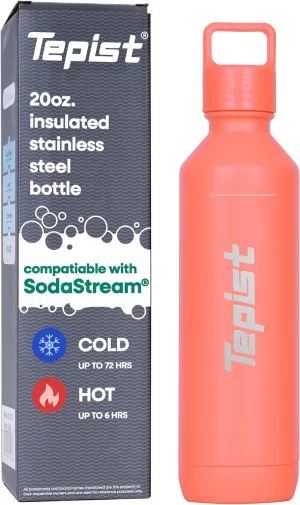 TwentyO 20oz Stainless Steel Bottle Compatible with Sodastream Machines | Powder Coated Coral | Vacuum Sealed | Double Walled | Leak-Proof | Easy to Carry | Reusable Bottle
