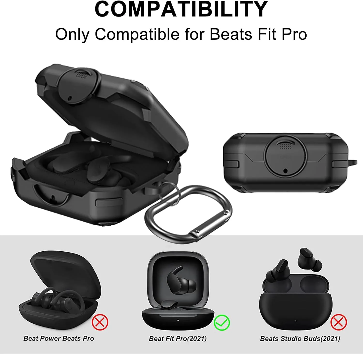 [Upgrade Lock] Case for Beats Fit Pro 2021, VAEKNVG Shock-Absorbing Protective Armor Cover for Beats Fit Pro Earbuds Accessories, TPU Hard Shell with Carabiner,Black