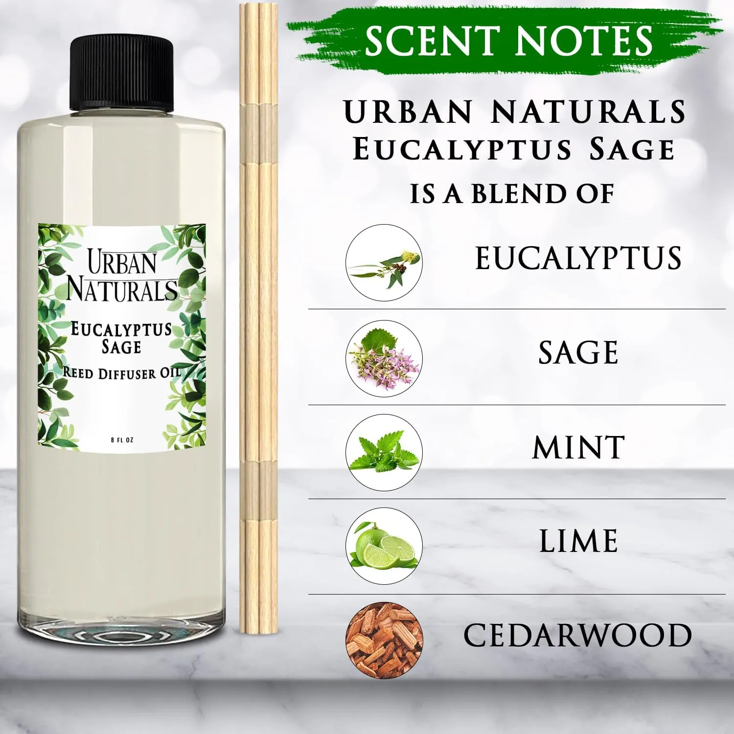 Urban Naturals Eucalyptus & Sage Essential Oil Reed Diffuser Refill | Large 8 Ounce Size | Includes a Free Set of Reed Sticks! Made in The USA
