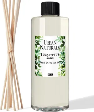 Urban Naturals Eucalyptus & Sage Essential Oil Reed Diffuser Refill | Large 8 Ounce Size | Includes a Free Set of Reed Sticks! Made in The USA