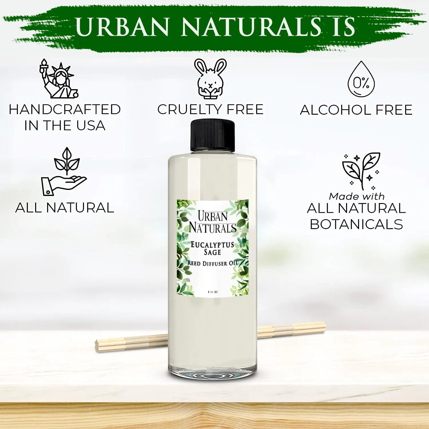 Urban Naturals Eucalyptus & Sage Essential Oil Reed Diffuser Refill | Large 8 Ounce Size | Includes a Free Set of Reed Sticks! Made in The USA