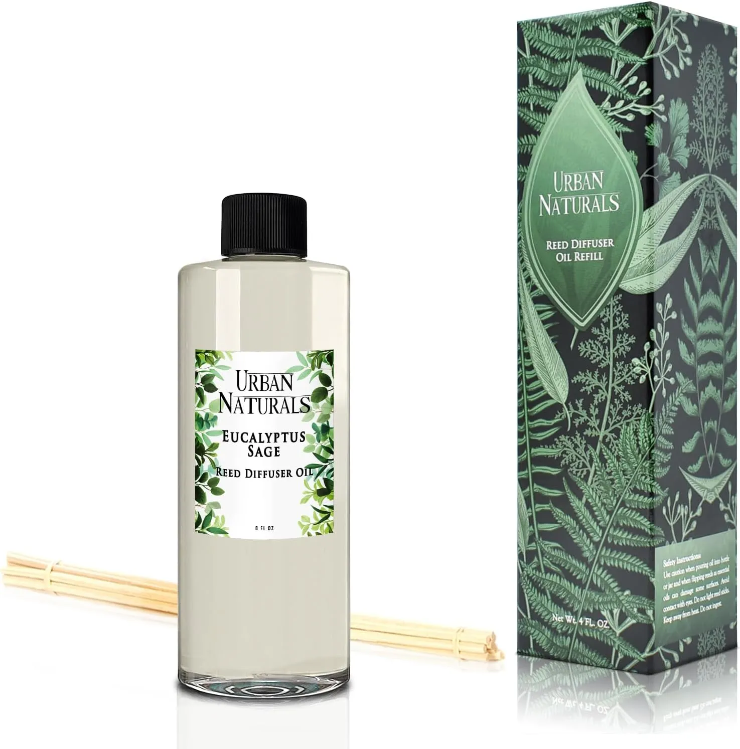 Urban Naturals Eucalyptus & Sage Essential Oil Reed Diffuser Refill | Large 8 Ounce Size | Includes a Free Set of Reed Sticks! Made in The USA