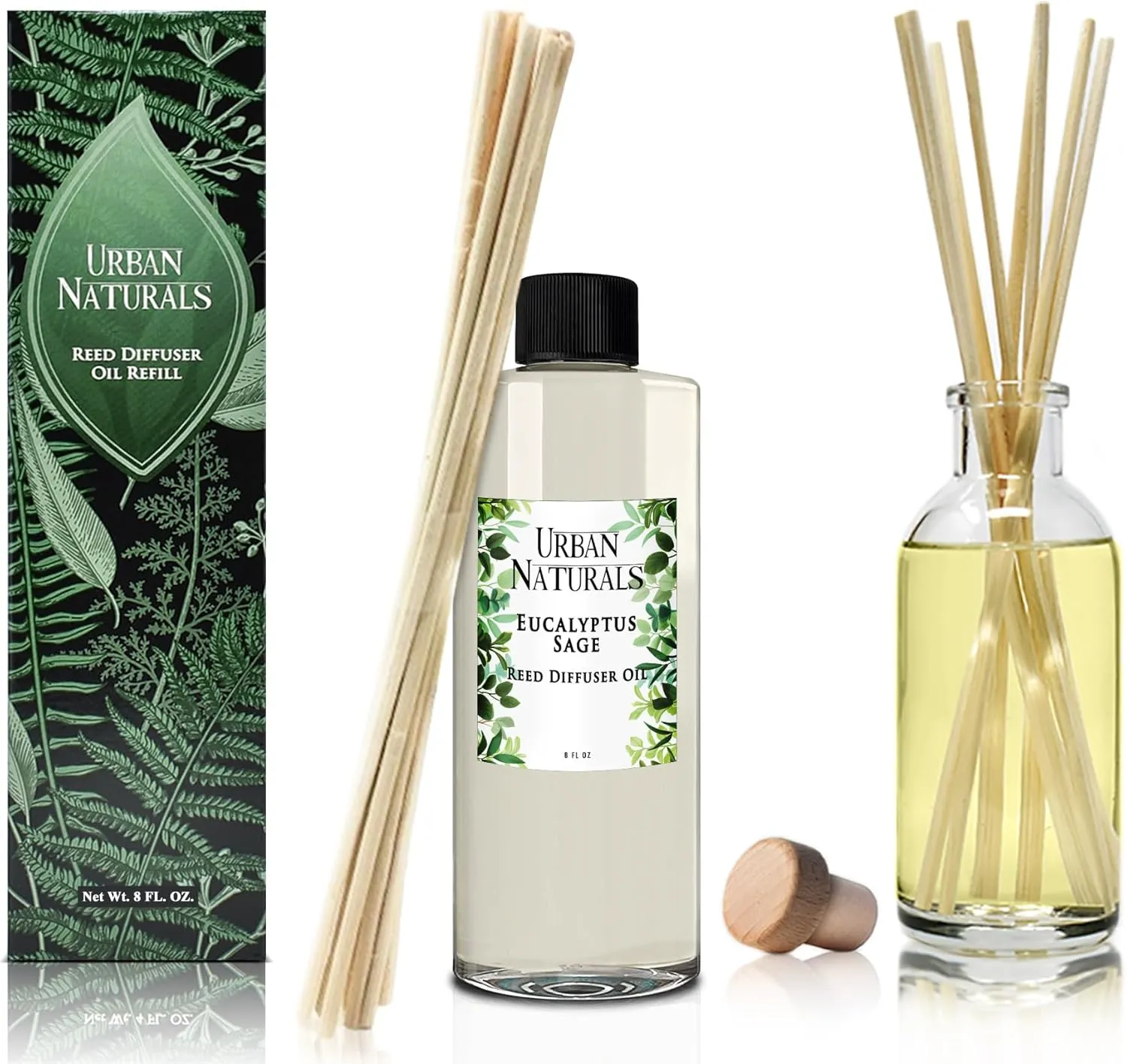 Urban Naturals Eucalyptus & Sage Essential Oil Reed Diffuser Refill | Large 8 Ounce Size | Includes a Free Set of Reed Sticks! Made in The USA