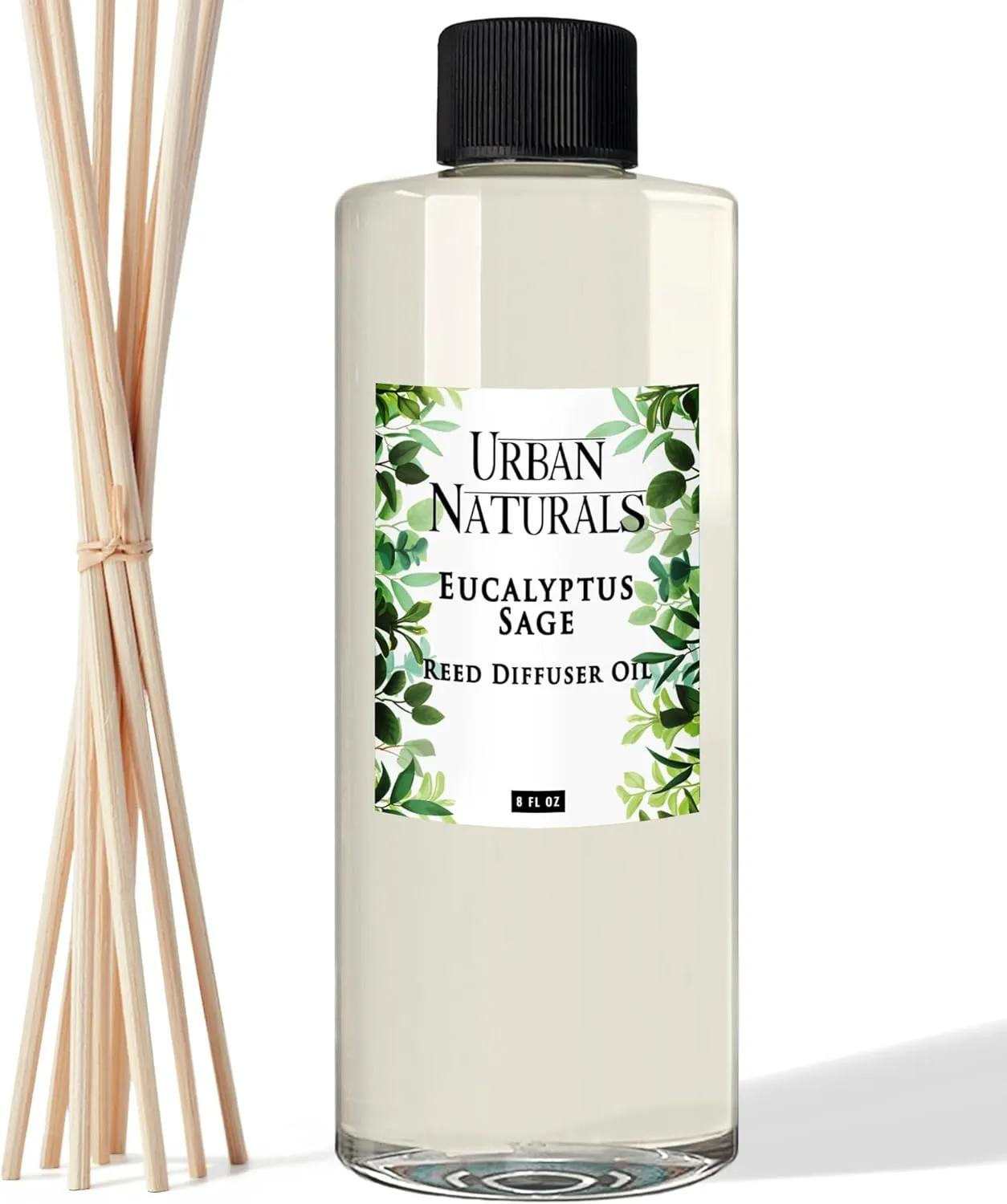 Urban Naturals Eucalyptus & Sage Essential Oil Reed Diffuser Refill | Large 8 Ounce Size | Includes a Free Set of Reed Sticks! Made in The USA