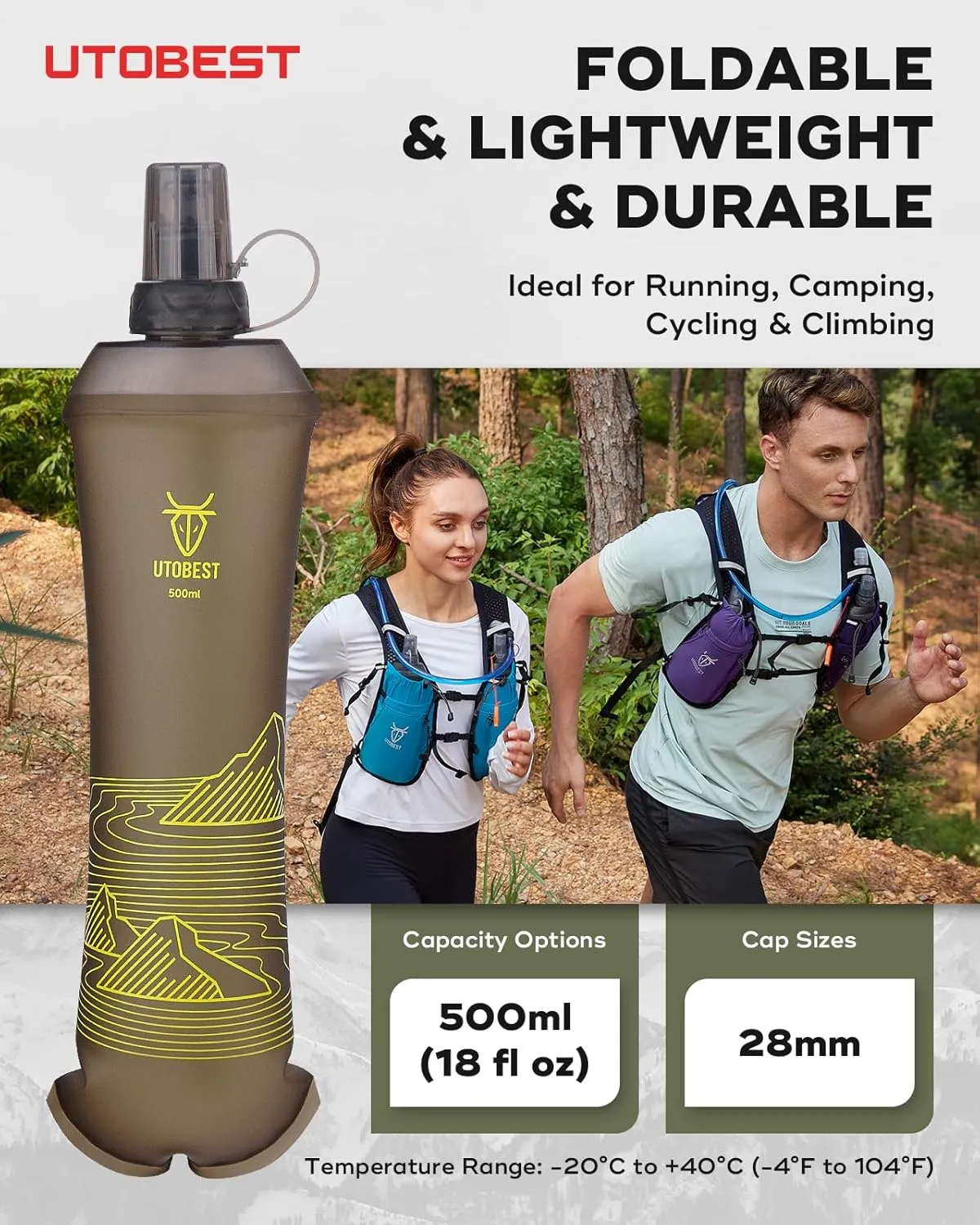 UTOBEST 500ml Soft Flask, 2 Pack Flexible TPU Hydration Water Bottle, Collapsible with 28mm Caliber for Running, Hiking, Cycling, Climbing, and Marathon Yellow