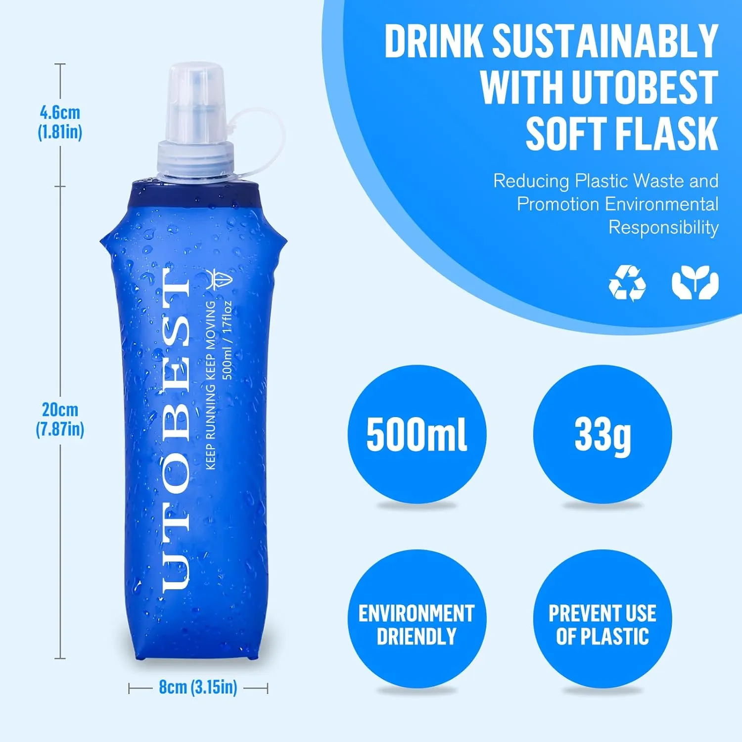 UTOBEST Soft Flask, 2 Pack Soft Flask Running Bottles 500ml,TPU Foldable Running Flask, Portable Collapsible Flask Handheld for Travel Traveling Hiking Cycling City Walk