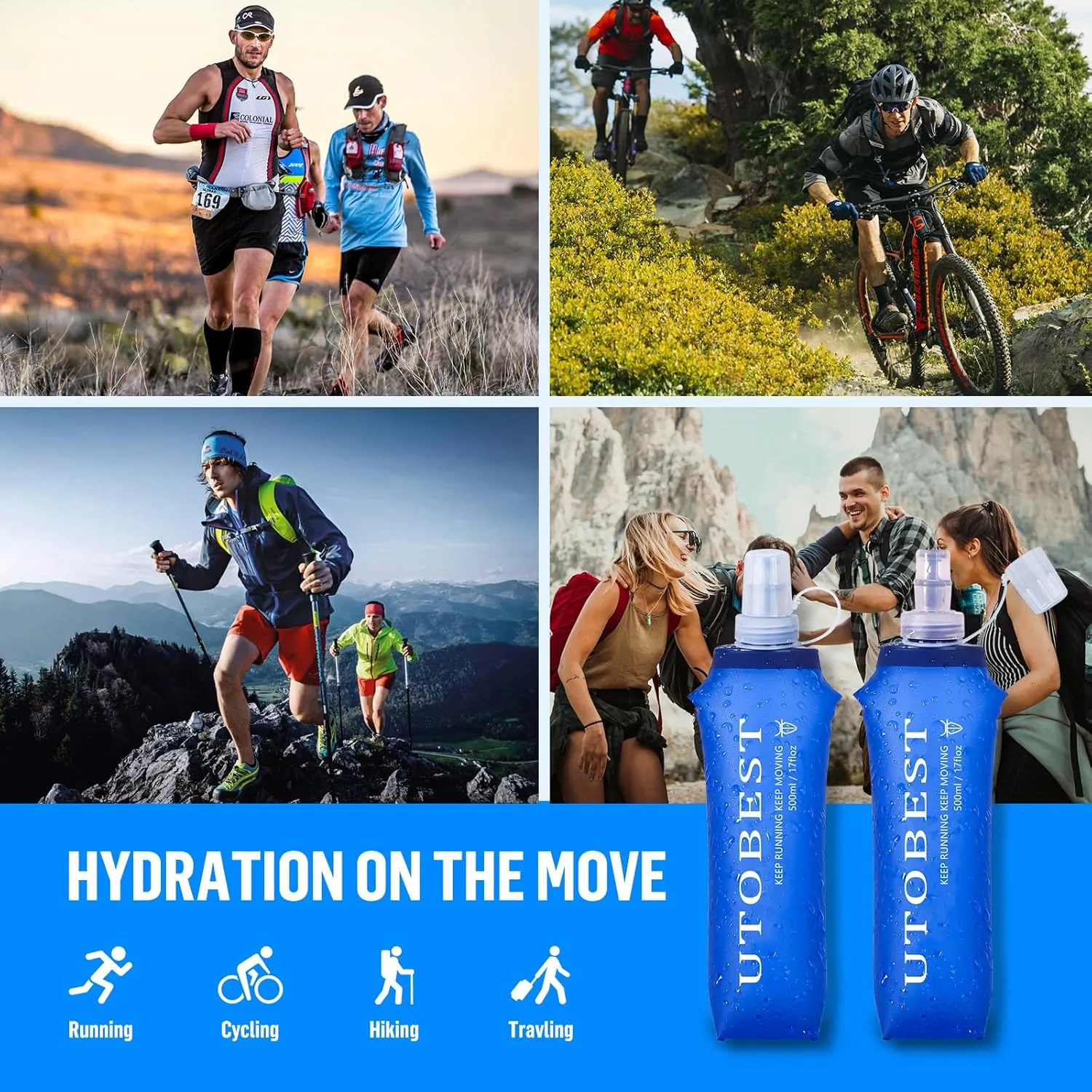 UTOBEST Soft Flask, 2 Pack Soft Flask Running Bottles 500ml,TPU Foldable Running Flask, Portable Collapsible Flask Handheld for Travel Traveling Hiking Cycling City Walk