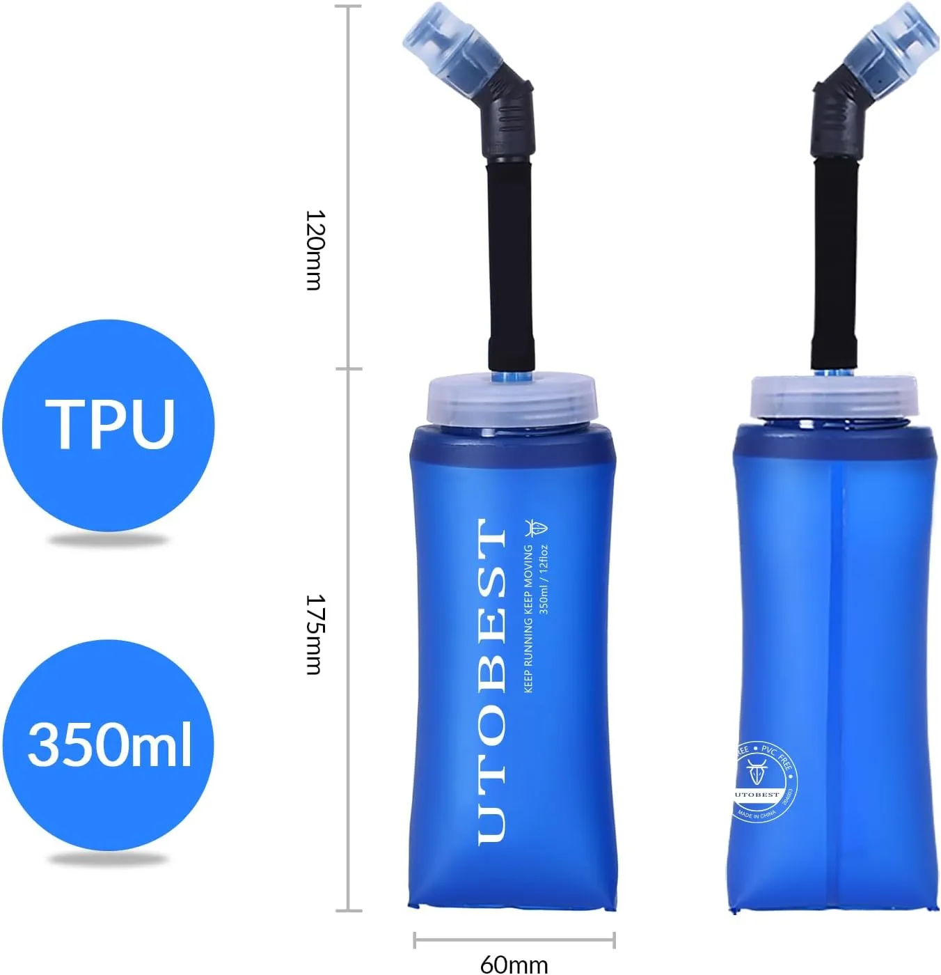 UTOBEST Soft Flask Collapsible Running Water Bottle, Flexible TPU Folding Running Flask for Hydration Pack, Soft Flask Running Bottles for Hiking Cycling