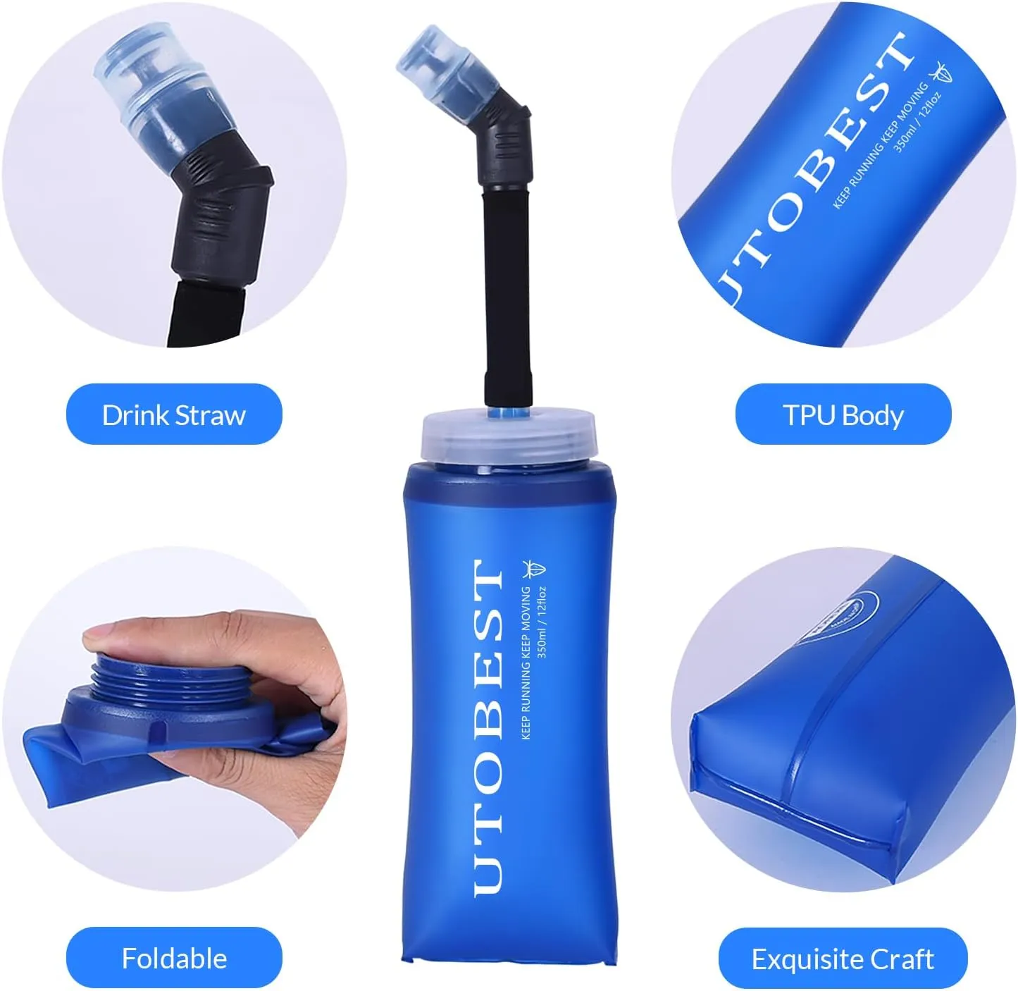 UTOBEST Soft Flask Collapsible Running Water Bottle, Flexible TPU Folding Running Flask for Hydration Pack, Soft Flask Running Bottles for Hiking Cycling