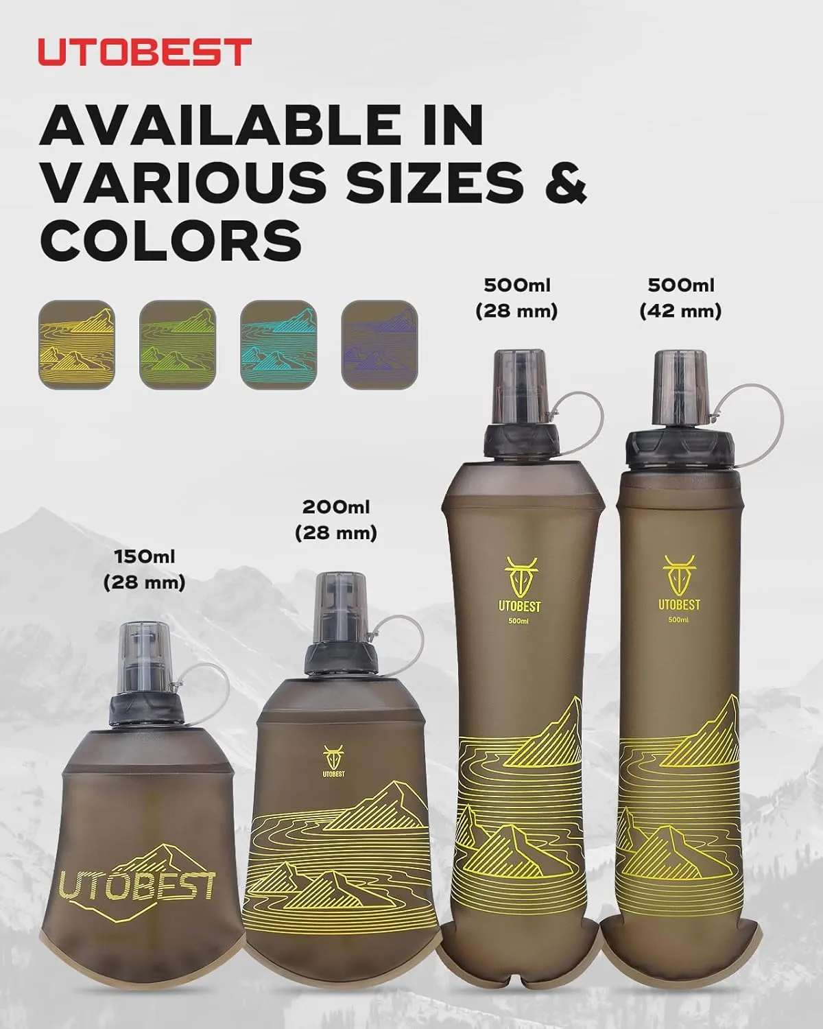 UTOBEST Soft Flask, Flexible TPU Hydration Water Bottle, Collapsible for Running, Hiking, Cycling, Climbing, and Marathon (Yellow, 200ml (2 Pack))