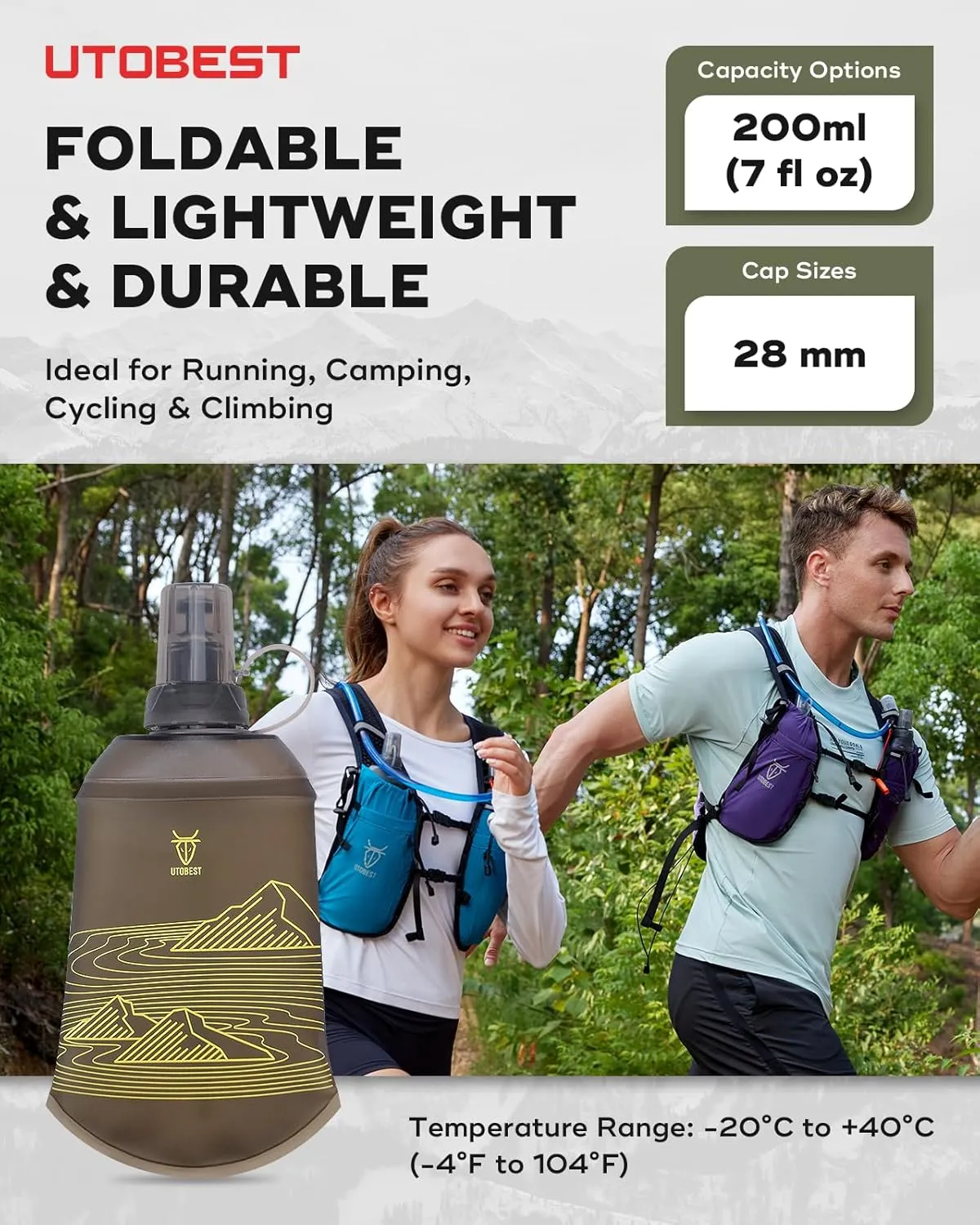 UTOBEST Soft Flask, Flexible TPU Hydration Water Bottle, Collapsible for Running, Hiking, Cycling, Climbing, and Marathon (Yellow, 200ml (2 Pack))