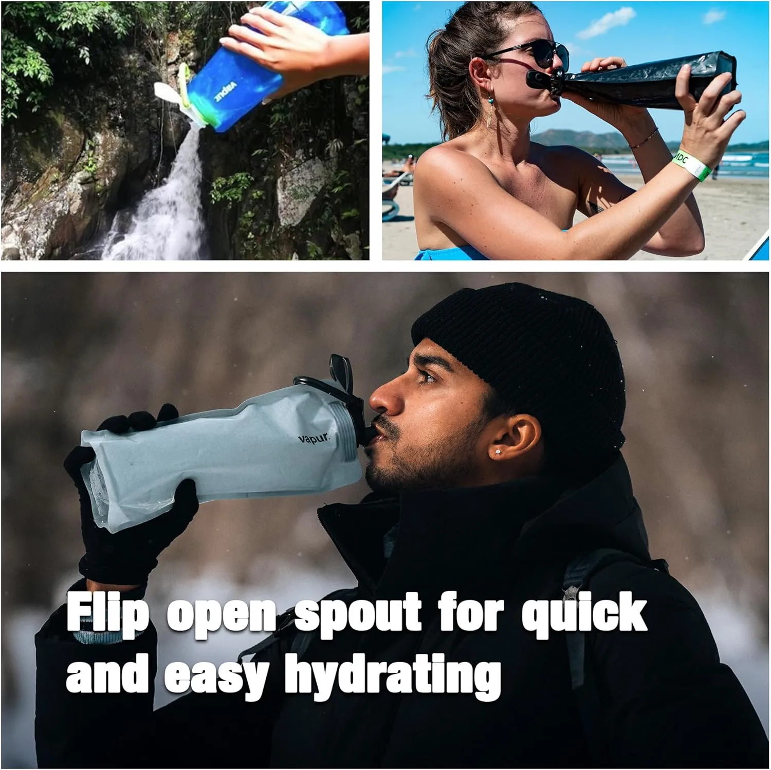 Vapur Collapsible Water Bottle With Carabiner, Compact Bottle Folds Flat For Hydration On The Go, Ideal for Traveling, Hiking or Camping, 23 Ounce, Malibu Teal, Pack of 2