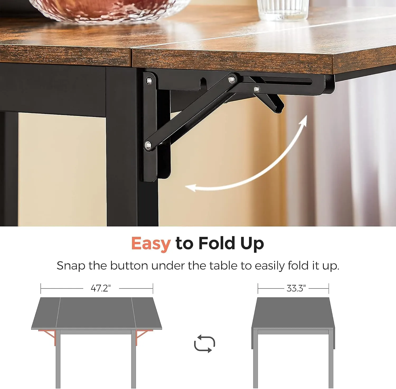 VASAGLE Folding Dining Table, Drop Leaf Extendable, for Small Spaces, Seats 2-4 People, Industrial, 33.3 x 30.7 x 30 Inches,Brown