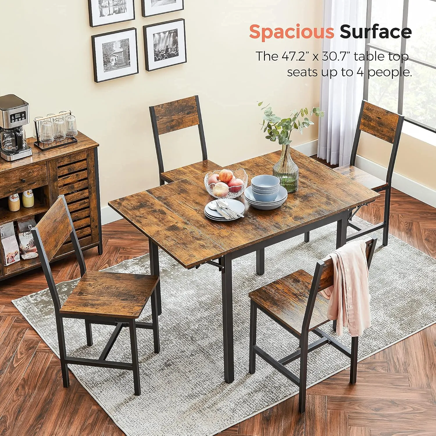 VASAGLE Folding Dining Table, Drop Leaf Extendable, for Small Spaces, Seats 2-4 People, Industrial, 33.3 x 30.7 x 30 Inches,Brown
