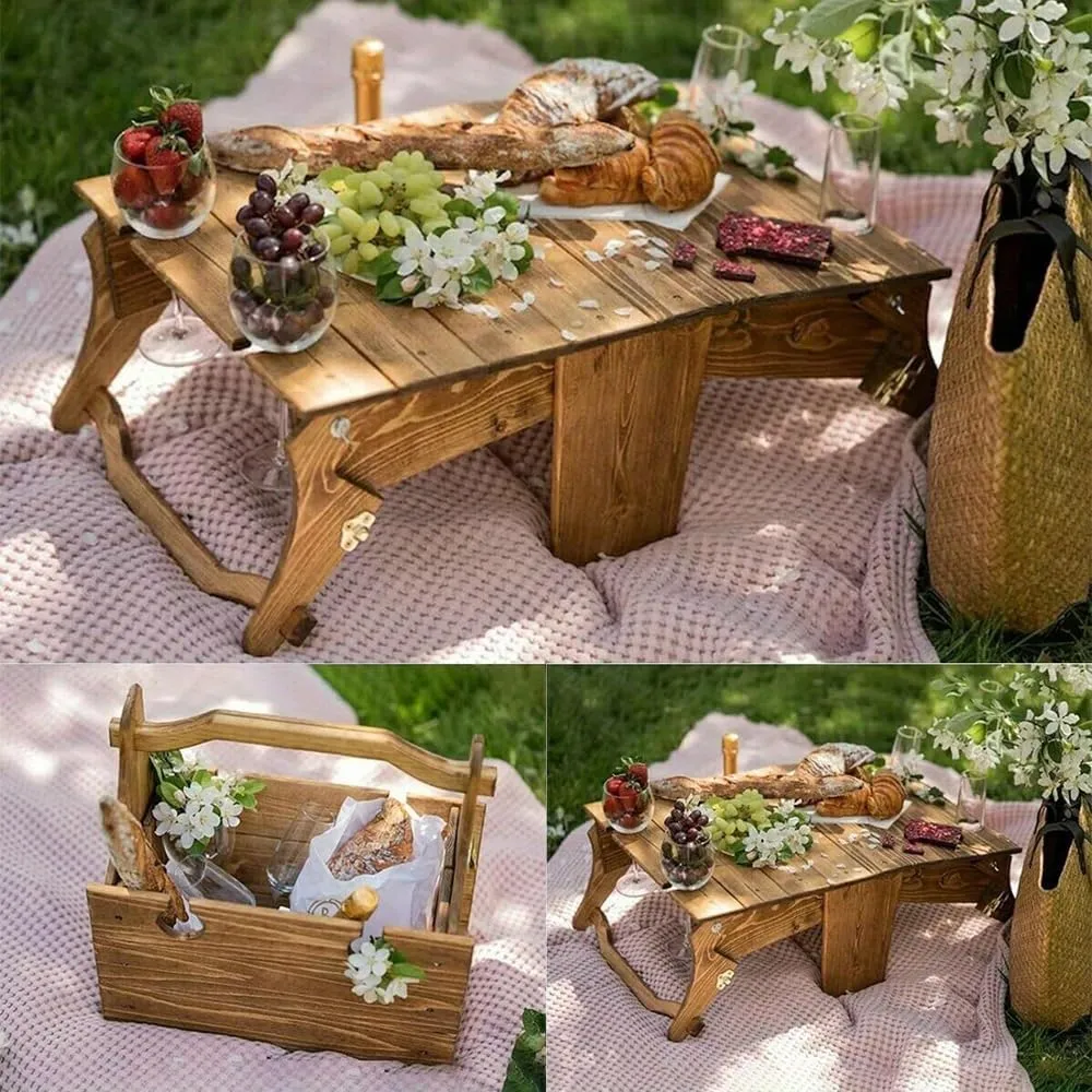 VESLY 2 in 1 Folding Wooden Picnic Basket Table, Latest Upgrades Easy to Install Picnic Basket with Table, Outdoor Fruit Cheese Snack Picnic Tray (Vintage)