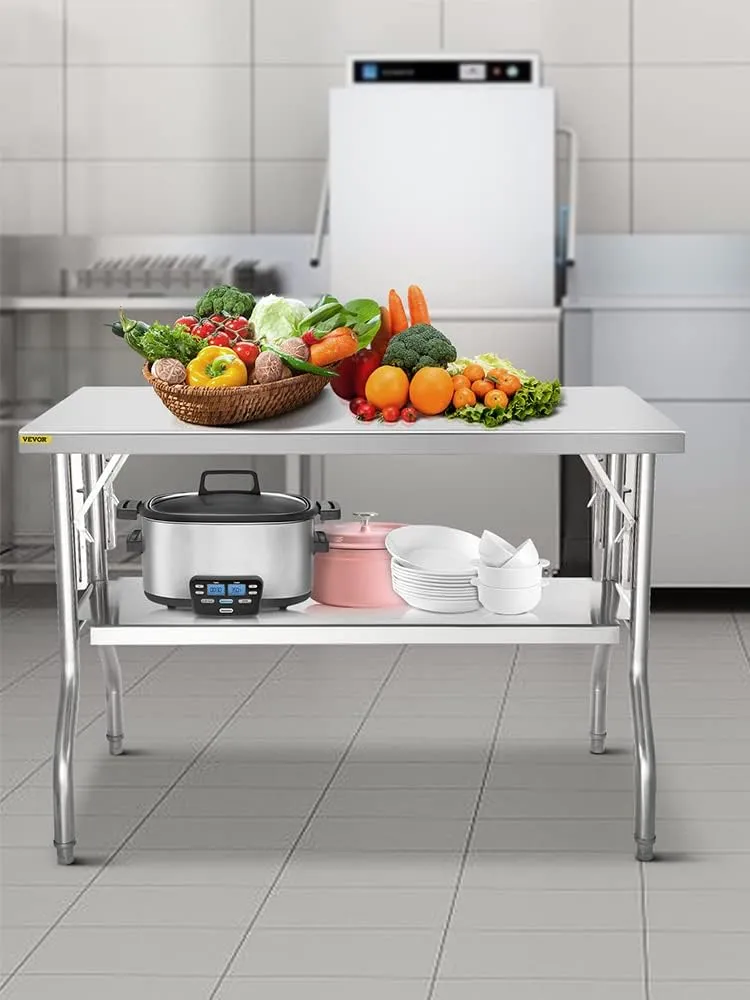 VEVOR Commercial Worktable Workstation 48 x 24 Inch Folding Commercial Prep Table, Heavy-duty Stainless Steel Folding Table with 772 lbs Load, Kitchen Work Table, Silver Stainless Steel Kitchen Island
