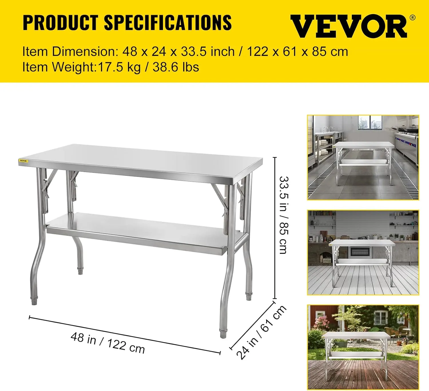 VEVOR Commercial Worktable Workstation 48 x 24 Inch Folding Commercial Prep Table, Heavy-duty Stainless Steel Folding Table with 772 lbs Load, Kitchen Work Table, Silver Stainless Steel Kitchen Island