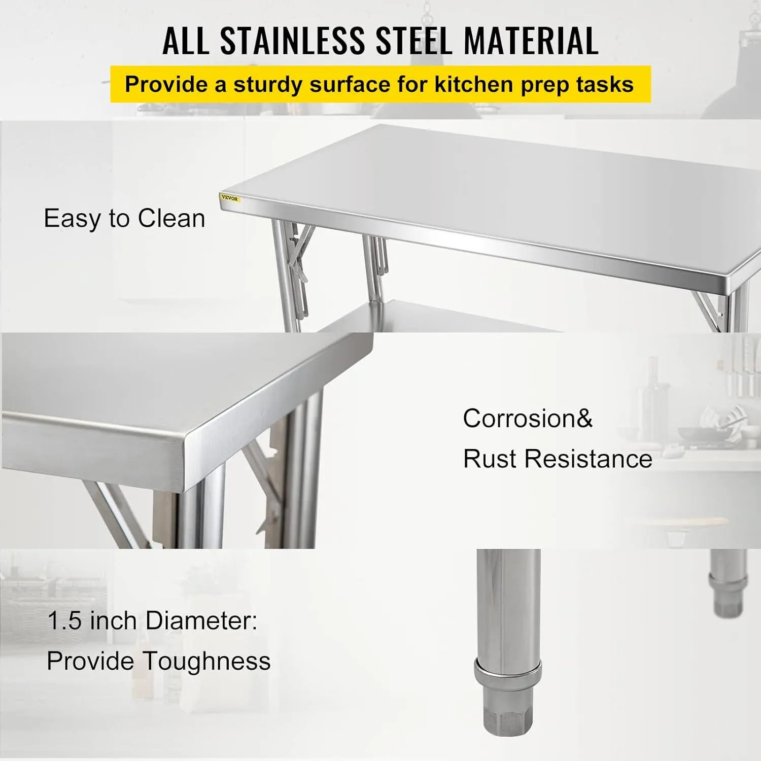 VEVOR Commercial Worktable Workstation 48 x 24 Inch Folding Commercial Prep Table, Heavy-duty Stainless Steel Folding Table with 772 lbs Load, Kitchen Work Table, Silver Stainless Steel Kitchen Island