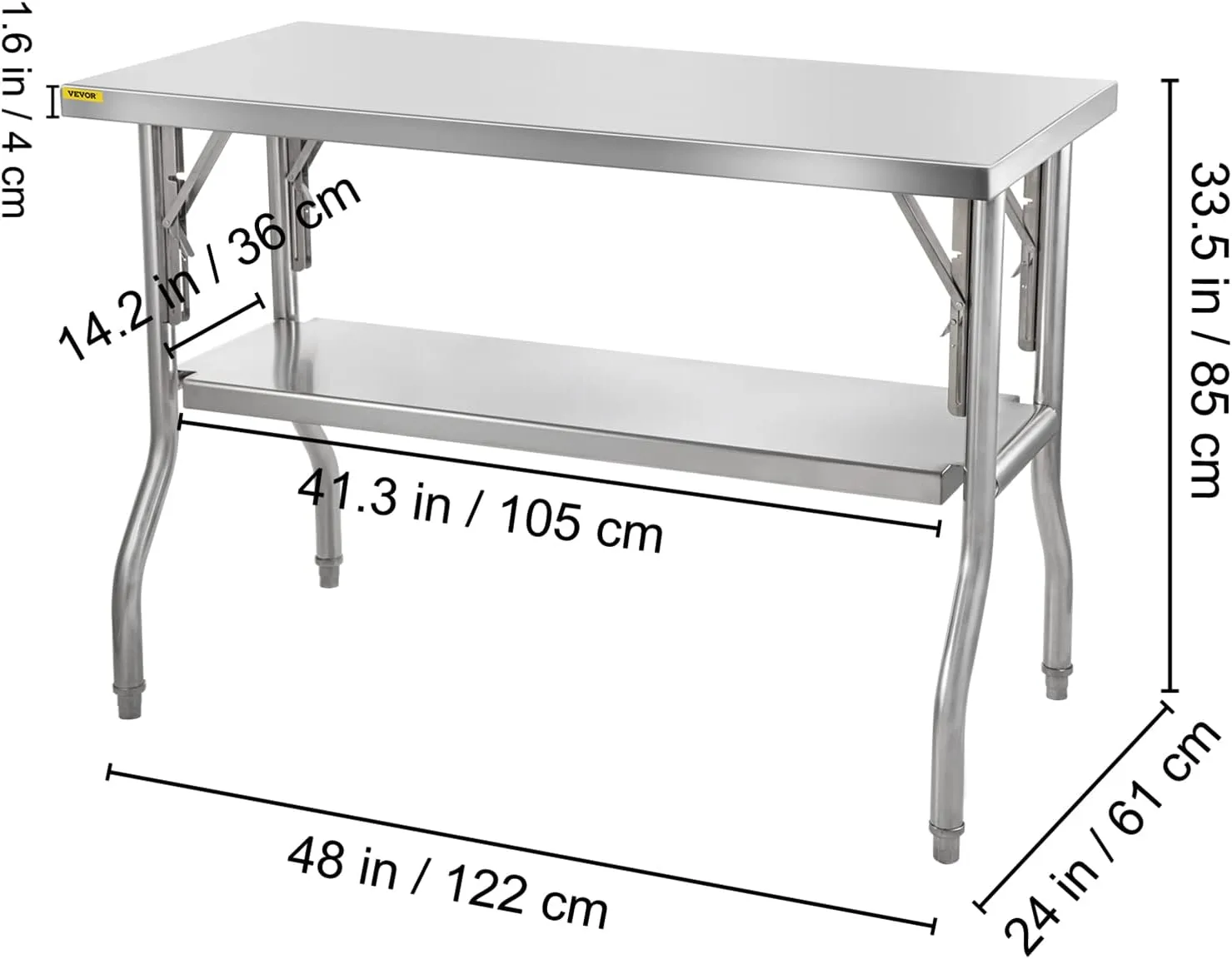 VEVOR Commercial Worktable Workstation 48 x 24 Inch Folding Commercial Prep Table, Heavy-duty Stainless Steel Folding Table with 772 lbs Load, Kitchen Work Table, Silver Stainless Steel Kitchen Island