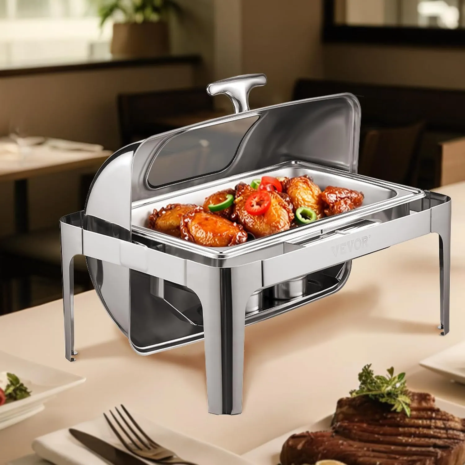 VEVOR Roll Top Chafing Dish Buffet Complete Set, 9 Qt 1 Pack Stainless Steel Chafer with 2 Half Size Pans, Rectangle Catering Warmer Server with Visible Lid Water Pan Folding Stand Fuel Holder, Silver