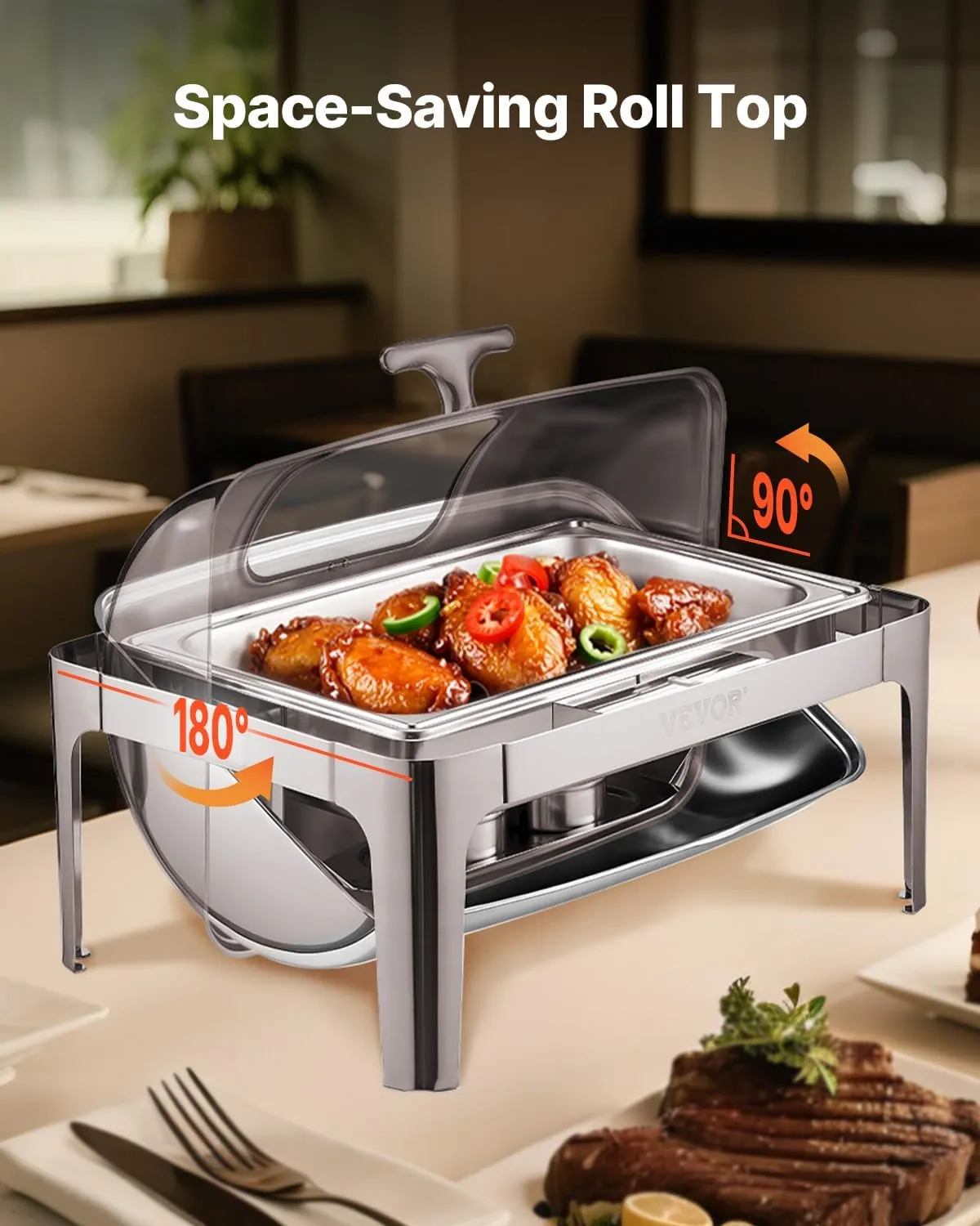 VEVOR Roll Top Chafing Dish Buffet Complete Set, 9 Qt 1 Pack Stainless Steel Chafer with 2 Half Size Pans, Rectangle Catering Warmer Server with Visible Lid Water Pan Folding Stand Fuel Holder, Silver